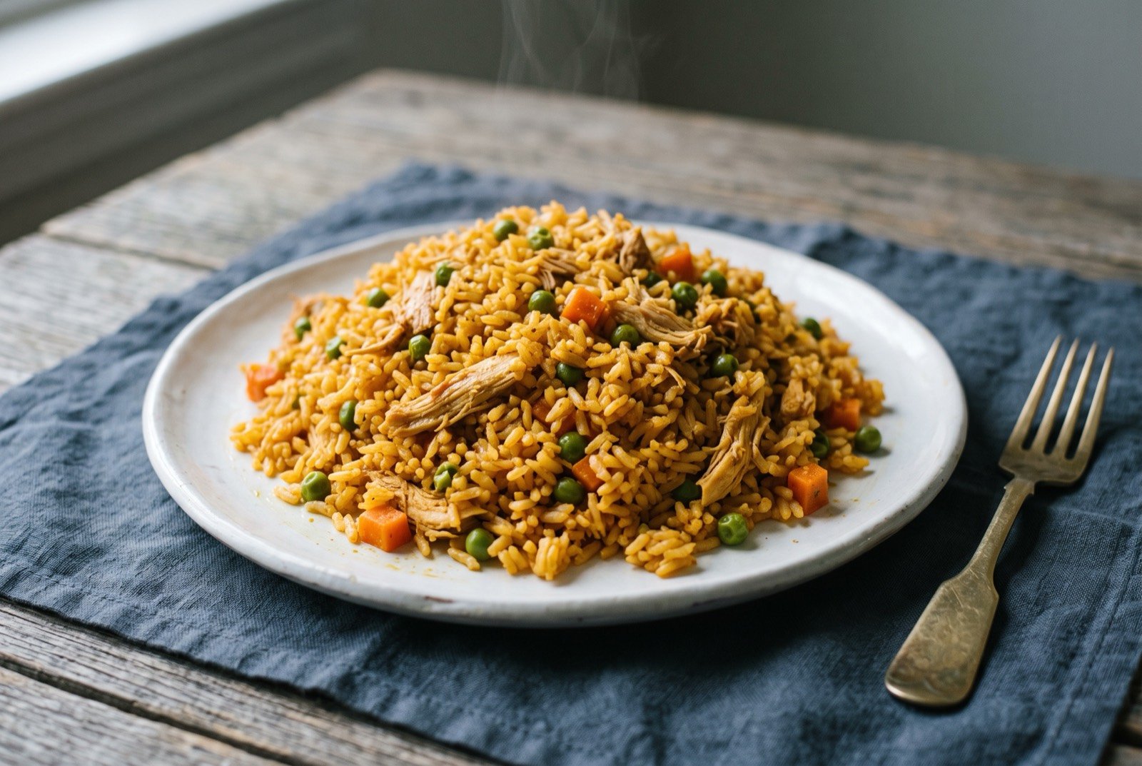 Arroz con pollo, achiote coloured rice with shredded chicken, peas and carrot: a generous mound of golden orange rice studded with shredded chicken, diced carrot and green peas, served on a plain white platter.