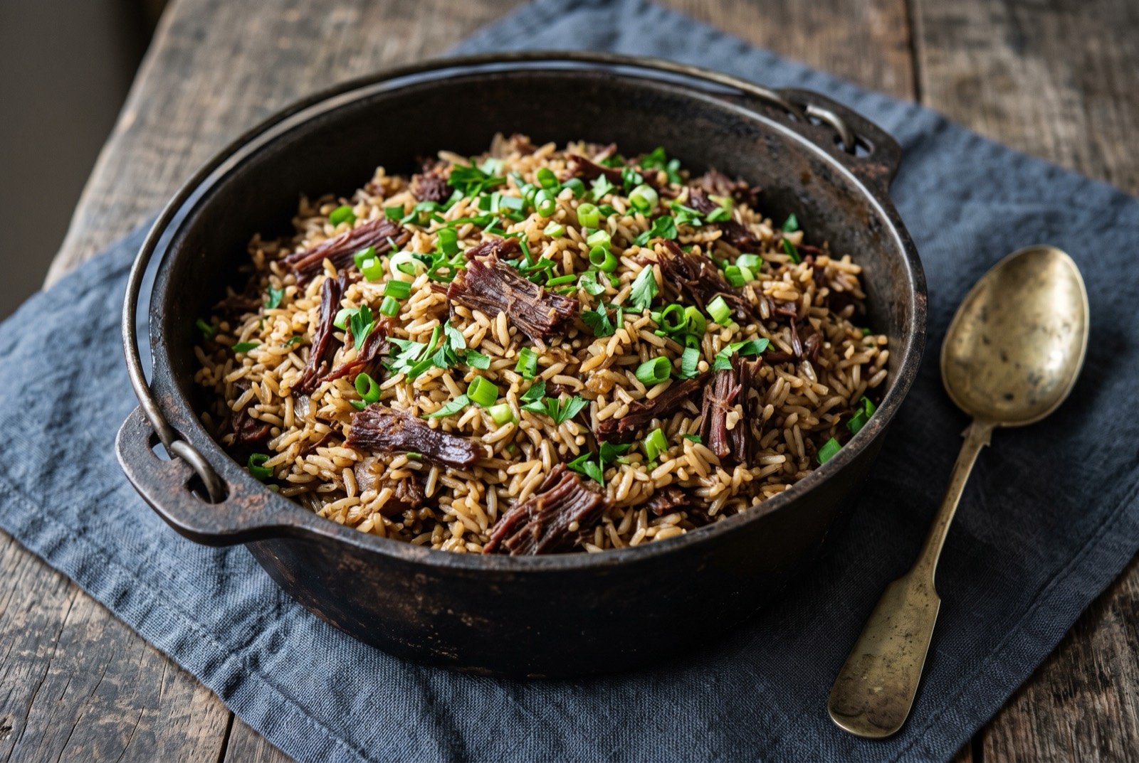 Arroz de carreteiro, the ox cart driver's rice: a wide, shallow mound of pale rice studded throughout with dark shredded strands of charque, a scattering of bright green spring onion across the top.