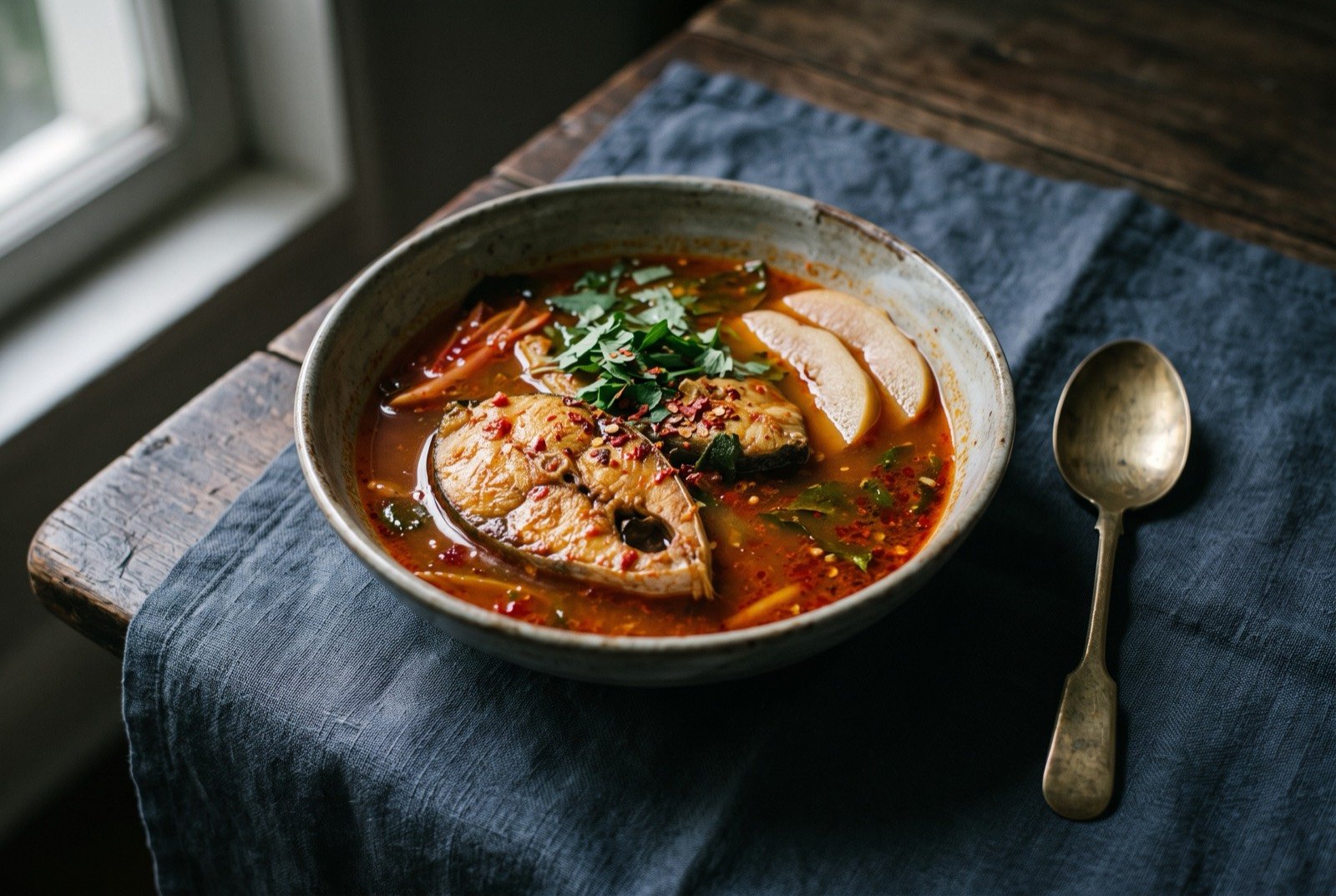 Asam pedas, fish in a sour and hot red broth: fish steaks in a shallow pool of thin, reddish orange broth, flecks of chilli and torn herb visible on the surface, a few pale tamarind-soured slices resting at the edge of the bowl.