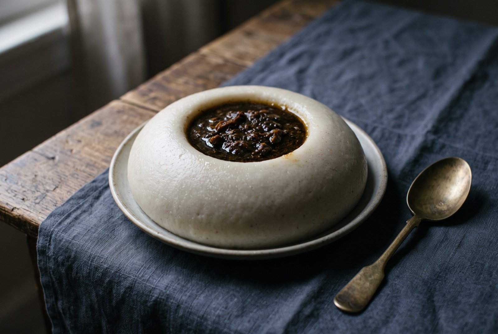 Aseeda, and asida jeer: A smooth firm dome of sorghum paste, off white shading to soft grey, set hard enough to hold its shape, with a deep well pressed into the crown holding a pool of dark stew. The surface is close.