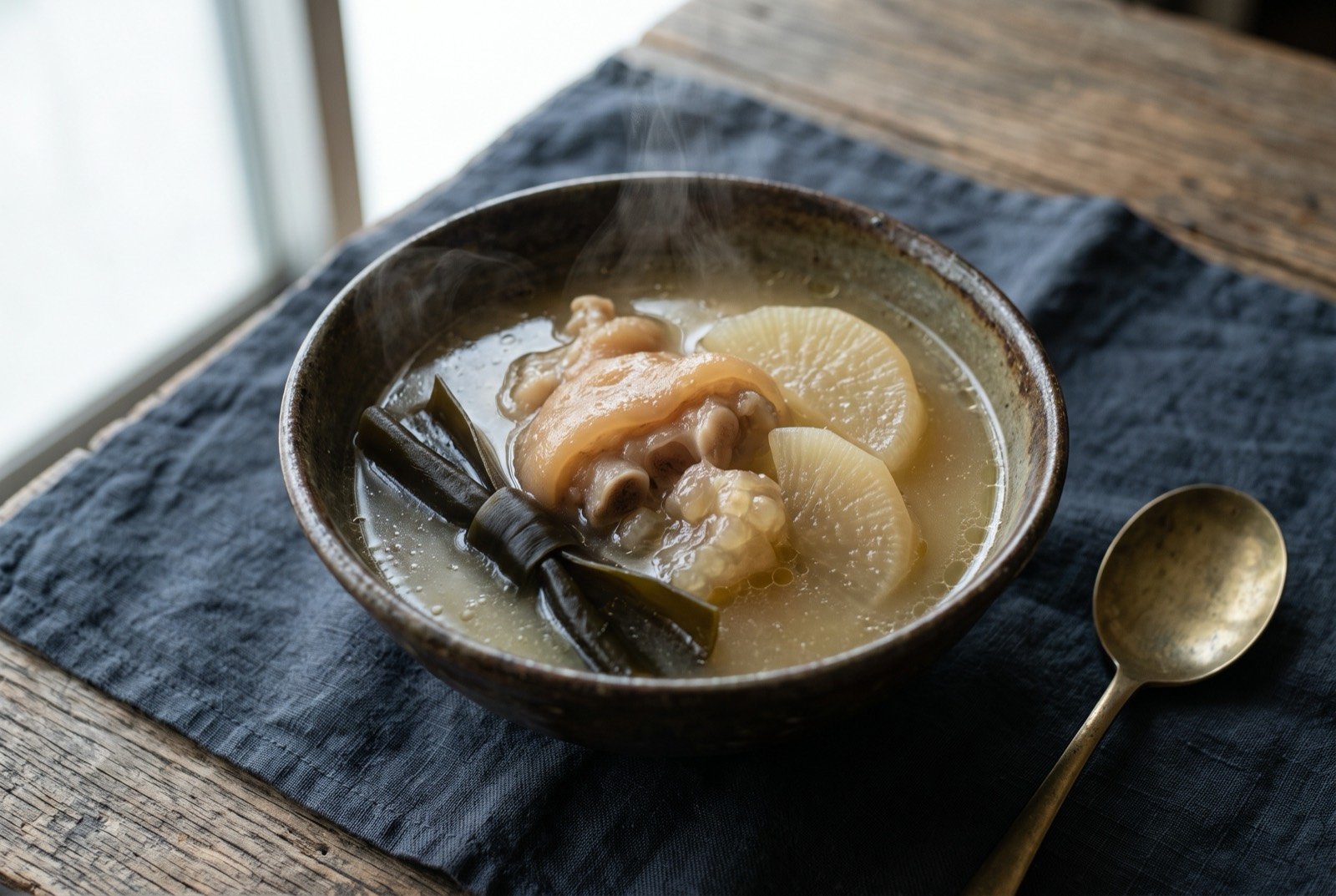 Ashitibichi, awamori-simmered pig trotter with kombu and daikon: a deep bowl of pale golden broth with large soft pieces of gelatinous pig trotter and thick translucent slices of daikon.