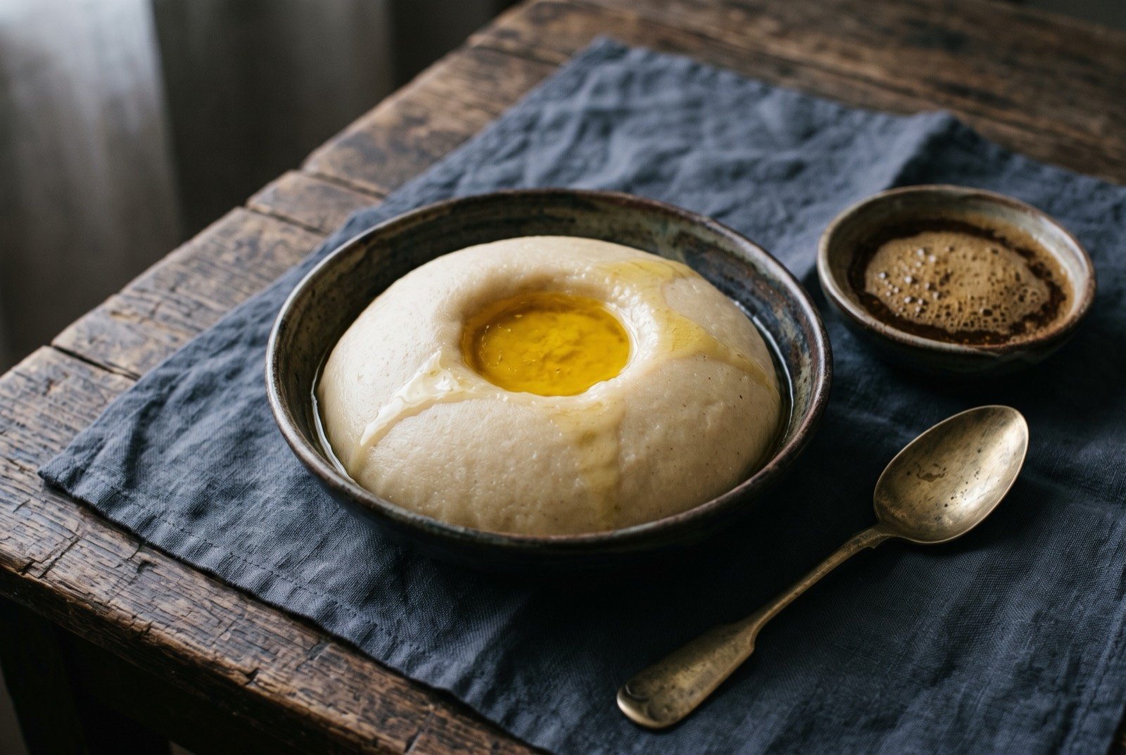 Asida, Yemen's smooth stirred wheat dough, eaten by the poor and the wealthy alike: a pale beige dome of smooth stirred dough in a shallow bowl, a well pressed into its centre filled with melted golden ghee pooling and running down the sides.