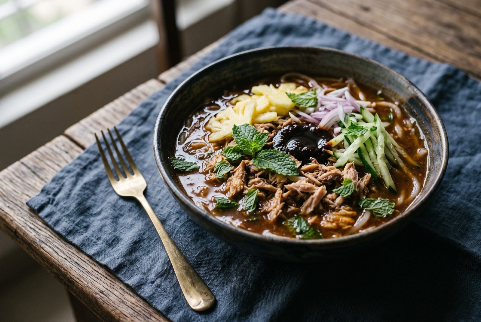 Assam laksa, sour tamarind fish broth with flaked mackerel, pineapple and mint: a deep white bowl of dark reddish-brown, glossy fish broth, thick rice noodles beneath shredded flaked fish, thin slices of pineapple.