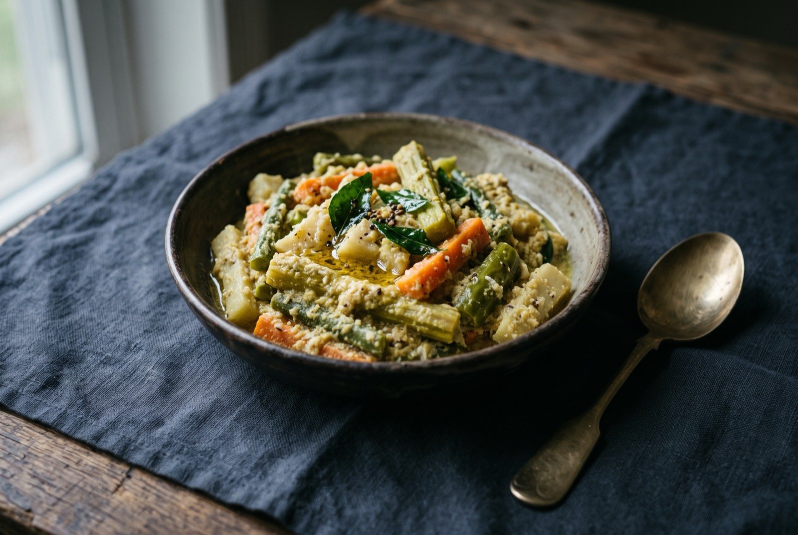 Avial, mixed vegetables in coconut and yoghurt: a thick, pale green-white mash of mixed diced vegetables bound in coconut and yoghurt, a drizzle of coconut oil visible on top.
