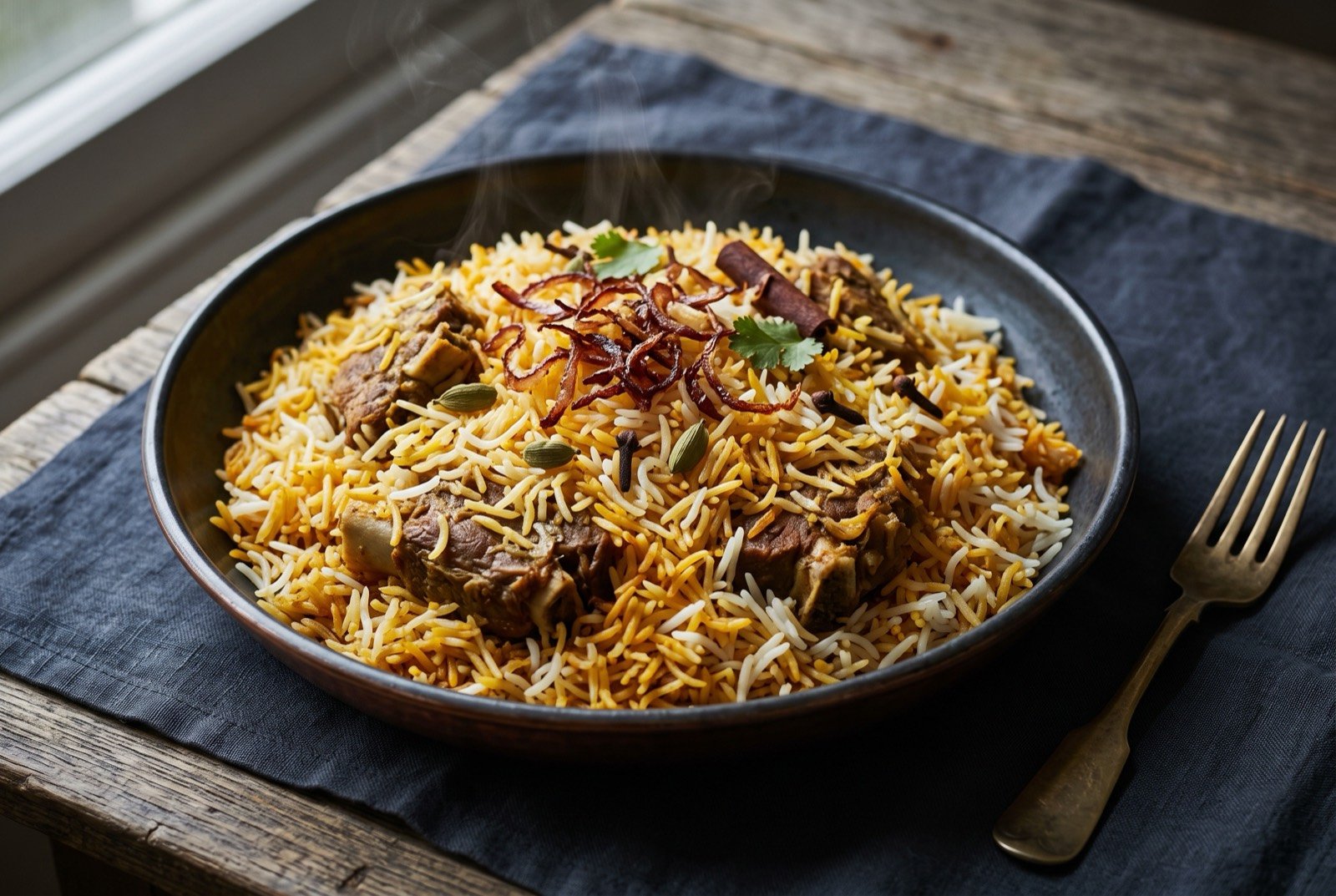 Awadhi dum biryani, Lucknow's pakki-style sealed-pot rice and meat: a wide shallow dish of long, distinct golden-saffron basmati grains layered over tender pieces of bone-in mutton, a scatter of deep fried onion and a few whole green cardamom pods visible on top.