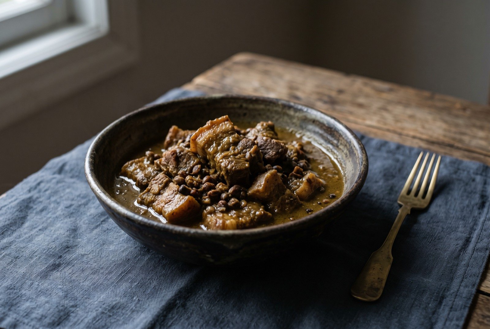 Pork with axone, Naga fermented soybean: pork pieces in a dark, pungent, faintly olive-brown gravy, small flecks of fermented soybean visible throughout, no fresh garnish.