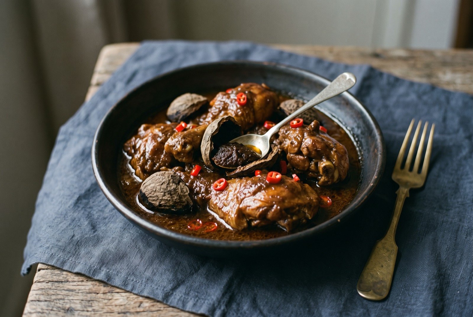 Ayam buah keluak, chicken and black nut stew in a dark, rich sauce with tamarind: a shallow dark ceramic bowl of glossy brown chicken stew, several black, cracked buah keluak shells nestled among the chicken pieces.