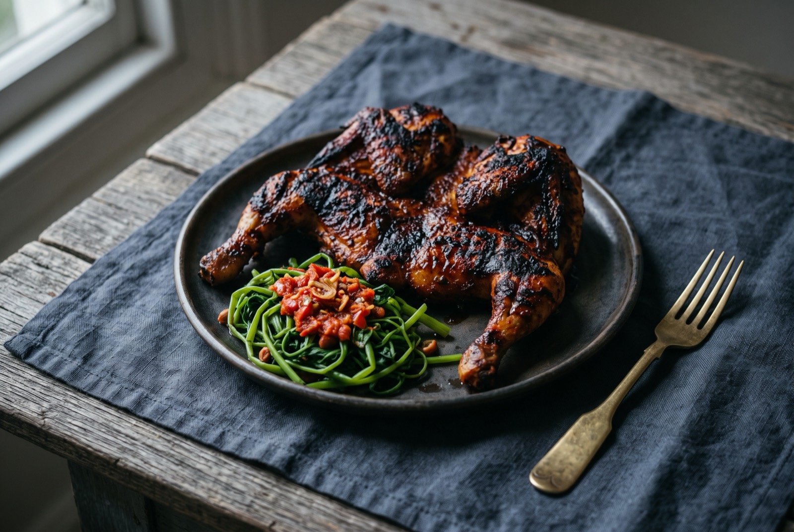 Ayam taliwang, Lombok's charred, spiced grilled chicken, served with plecing kangkung: a spatchcocked chicken, deeply charred and glazed a dark reddish brown, resting on a dark plate beside a small tangle of bright green water spinach dressed in a red chilli and tomato sambal.
