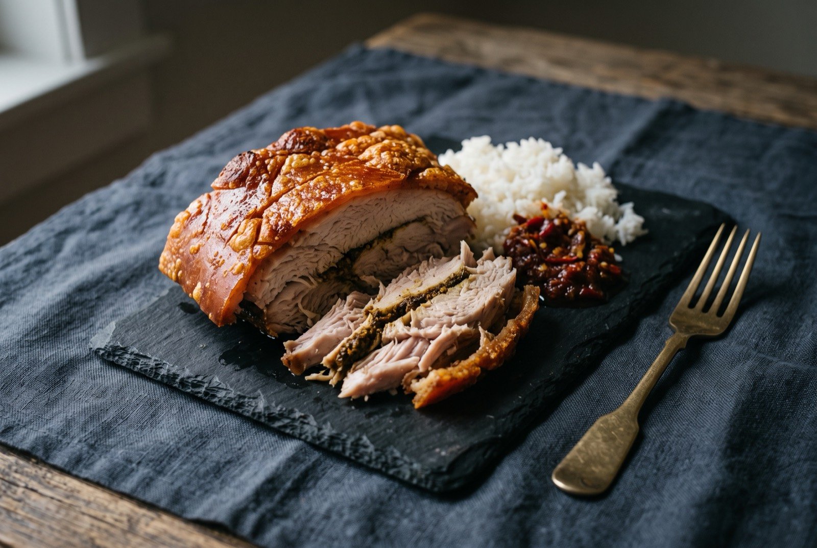 Babi guling, Bali's ceremonial whole roasted suckling pig: a carved section of golden-brown crackled pork skin sliced from a whole roasted suckling pig, revealing moist pale meat and a thin dark line of spice paste beneath the skin.