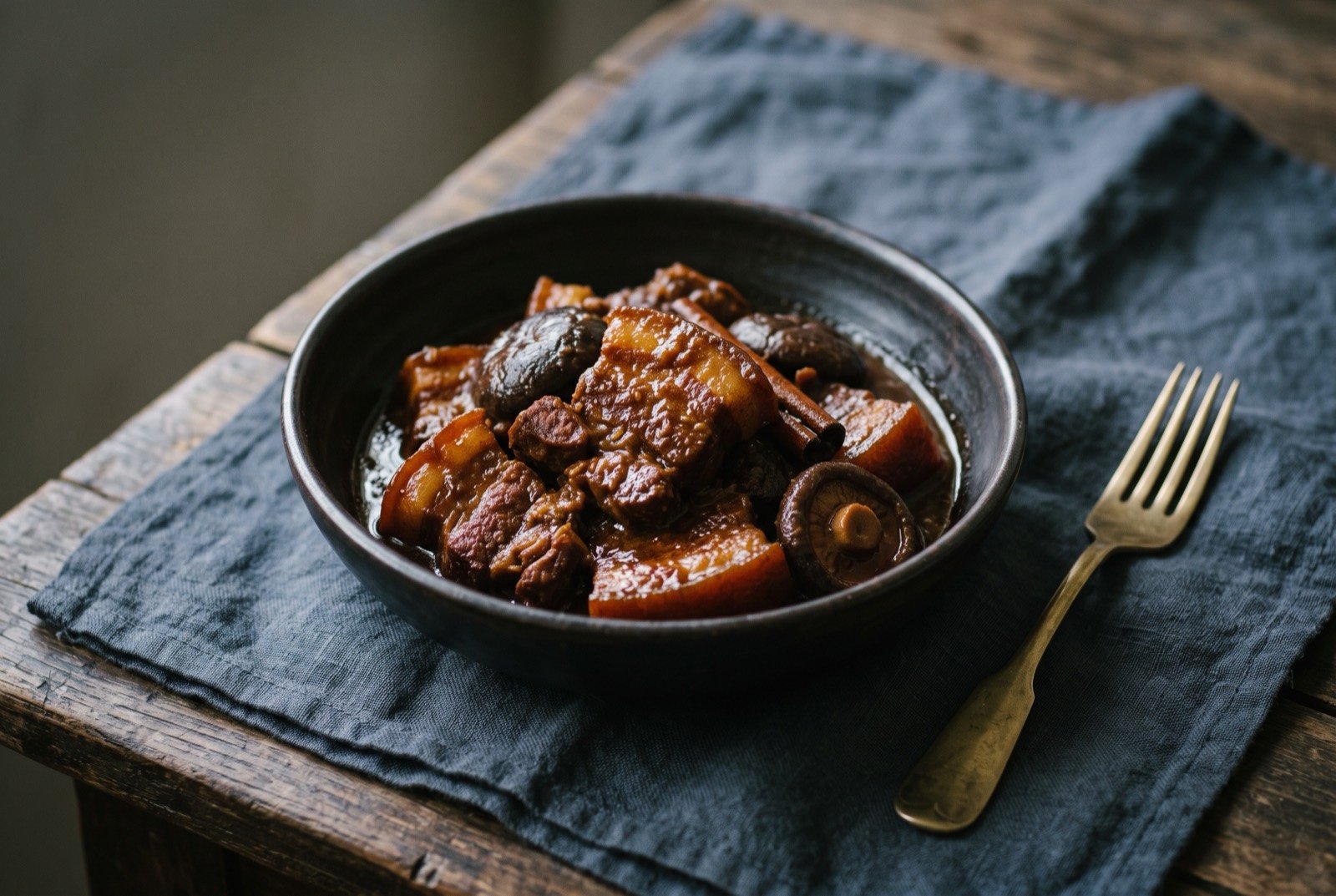 Babi pongteh, pork belly braised in fermented soybean paste and palm sugar: a dark ceramic bowl of deep brown braised pork belly pieces, glossy with reduced sauce, a few shiitake mushroom caps and a cinnamon stick visible among the meat.