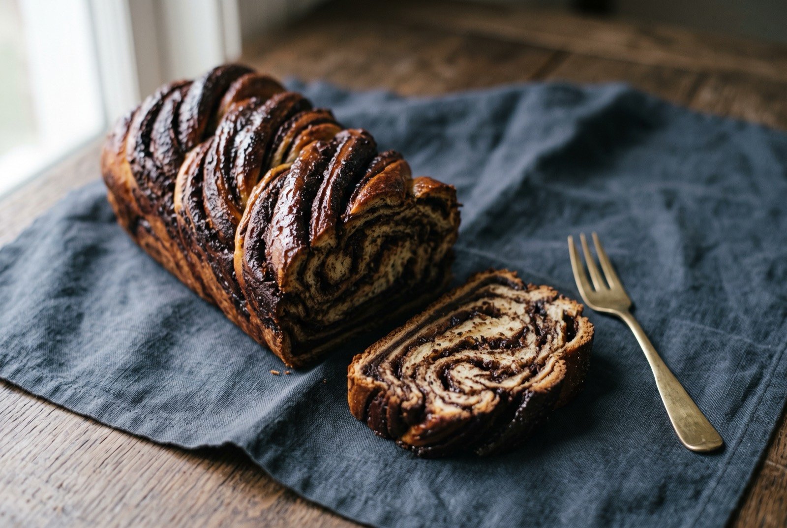 Babka, Israel's laminated chocolate babka, twisted rather than coiled: a sliced chocolate babka loaf on its side, showing its dark twisted layers of chocolate and dough, one slice cut and laid flat beside it.