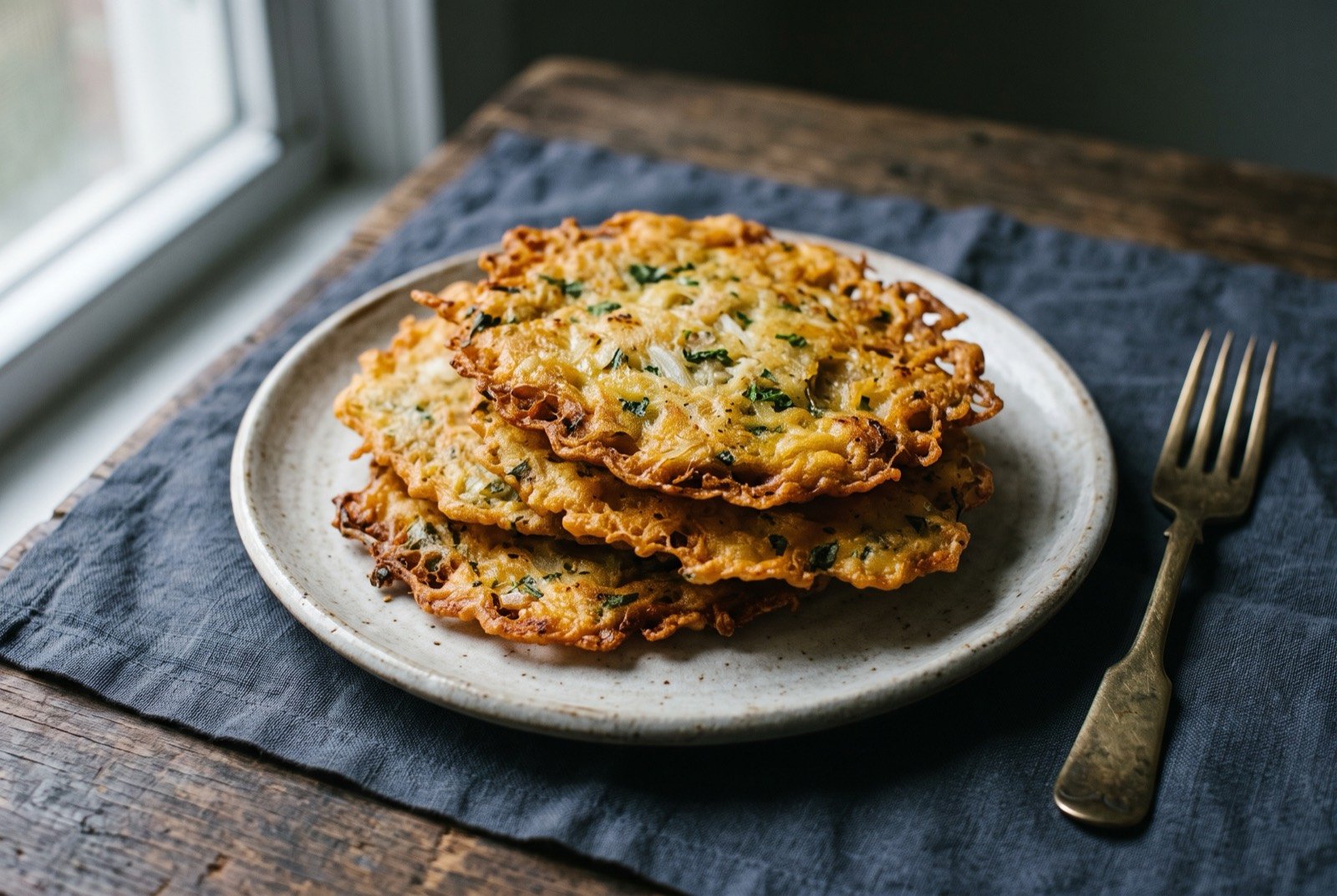 Bacalaitos, Puerto Rican salt cod fritters: three thin, irregularly lacy golden fritters stacked slightly askew on a small plate, their edges crisp and blistered, flecks of shredded salt cod and herb visible through the thin batter.