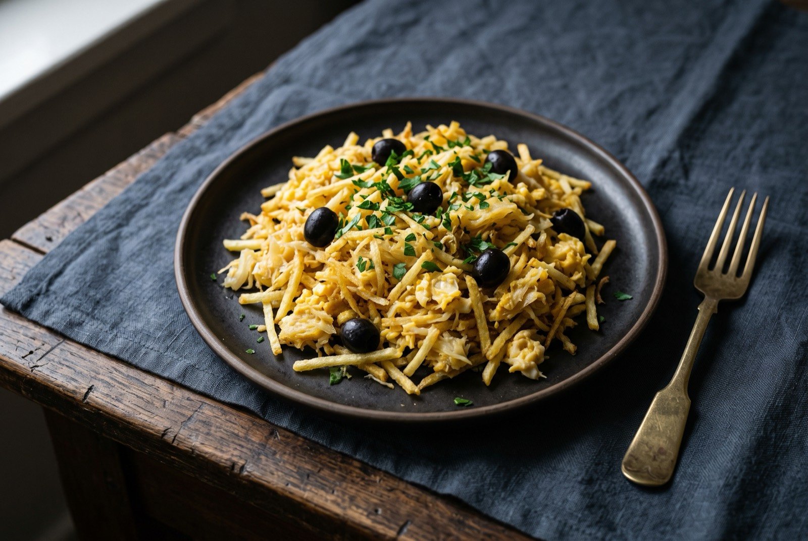 Bacalhau à Brás, shredded salt cod with egg and matchstick potato: a loose golden tangle of shredded salt cod, soft scrambled egg and thin fried potato matchsticks piled on a plain dark plate.