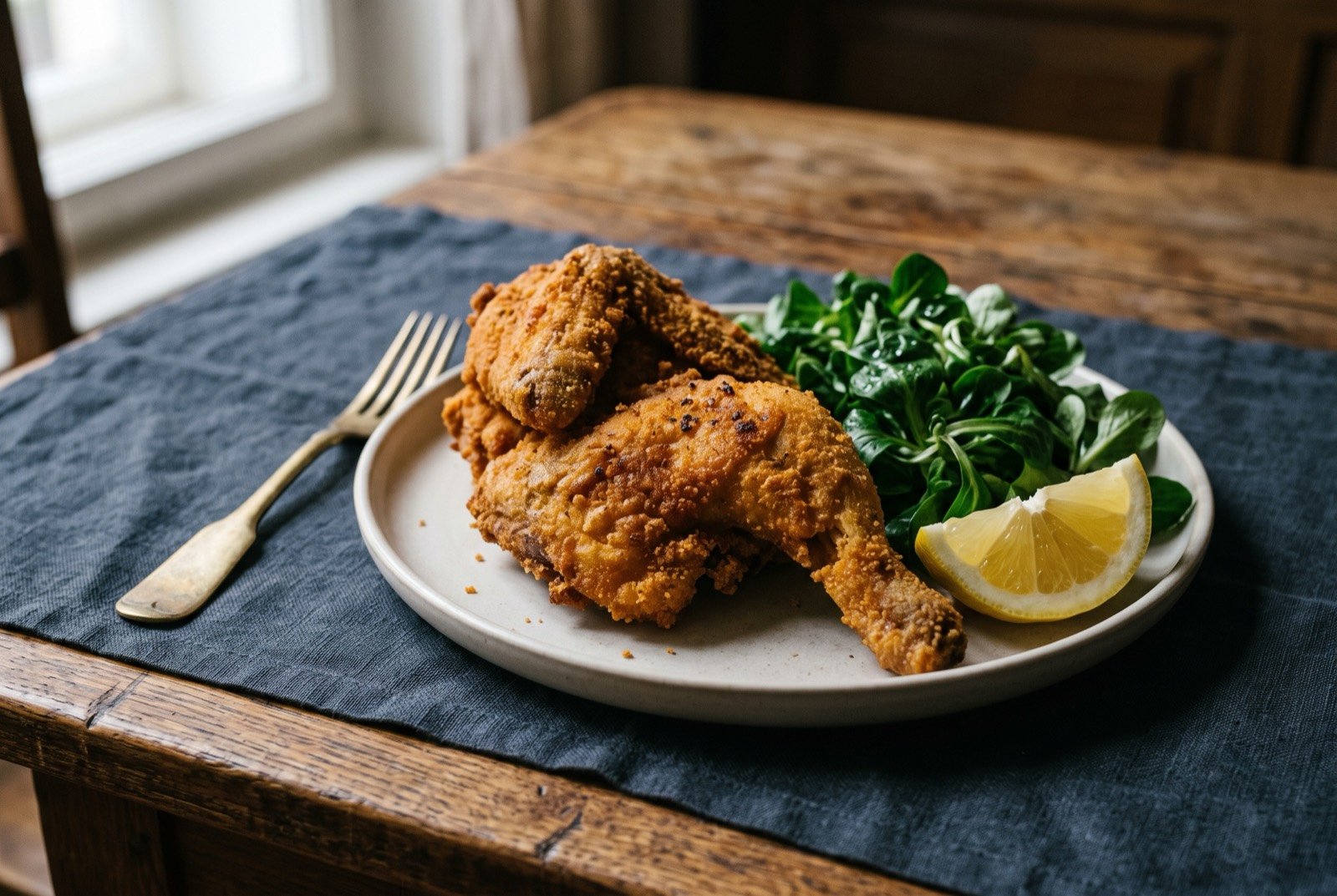 Backhendl, Viennese fried breaded chicken: golden breaded chicken quarters piled loosely on a plain plate, the crust deeply blistered and craggy, a small heap of dark green lamb's lettuce and a lemon wedge set to one side.