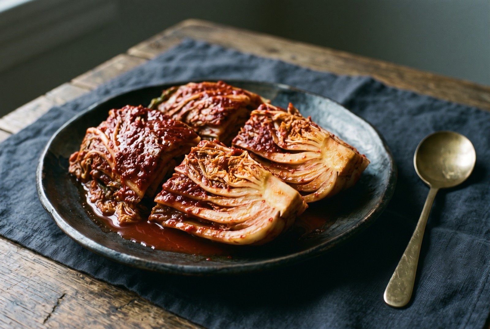 Baechu kimchi, whole napa cabbage packed with gochugaru and garlic and fermented through winter: quartered napa cabbage leaves, deep glossy red from a thick chilli paste worked between every leaf, arranged loosely on a dark plate with a little of the red brine pooling beneath.
