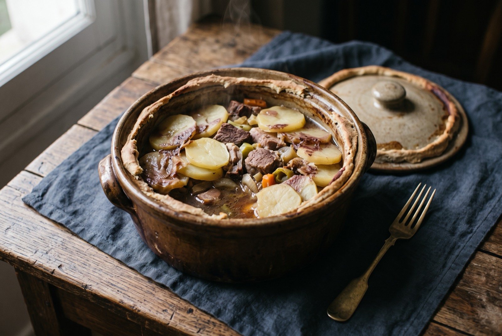 Baeckeoffe, a sealed terrine of three meats and potatoes braised in Alsace white wine: a rustic earthenware terrine with its dough seal freshly broken open, steam curling upward, layers of tender potato, beef.