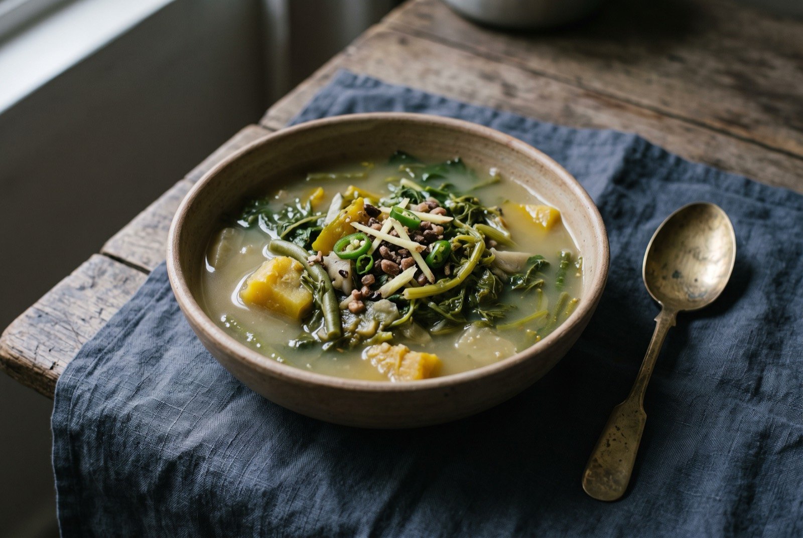 Bai, a Mizo mixed vegetable and meat stew: a simple, mostly clear broth crowded with roughly chopped mixed vegetables and small pieces of meat, no oil sheen, no spice colour.