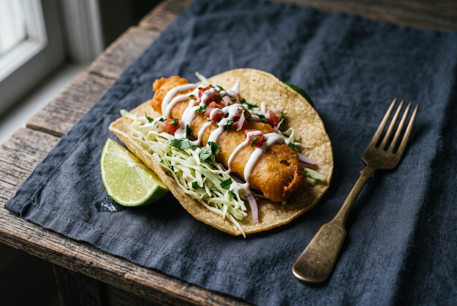 The Baja style fish taco: a warm corn tortilla folded around a piece of golden battered fried fish, a heap of finely shredded pale cabbage, a thin white crema drizzled over the top and a few flecks of red salsa.