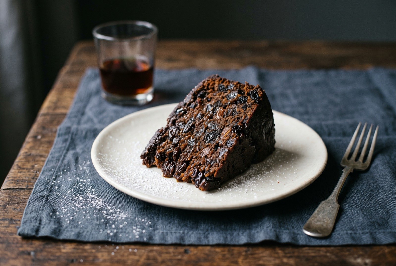 Bajan black cake, a dark rum soaked Christmas fruit cake: a dense, near black slice of fruit cake standing on its side on a white plate, its cut surface densely packed with dark soaked fruit and glistening slightly.