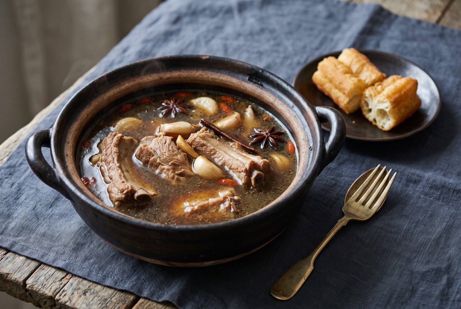 Bak kut teh, pork ribs simmered in a dark peppery herbal broth, with youtiao for dipping: a dark clay pot of pale brown peppery broth, pork ribs submerged within it, a few whole garlic cloves and star anise pods visible at the surface.