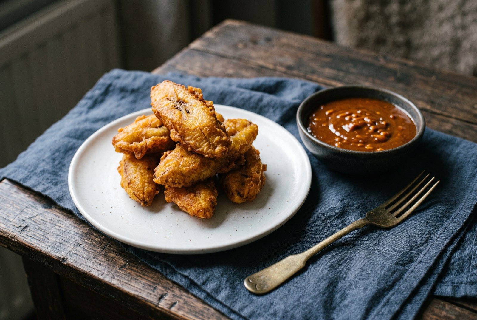 Bakabana, fried plantain with a Javanese peanut sauce: several golden fried plantain quarters stacked on a plain white plate, their batter coating faintly craggy and deep amber at the edges.