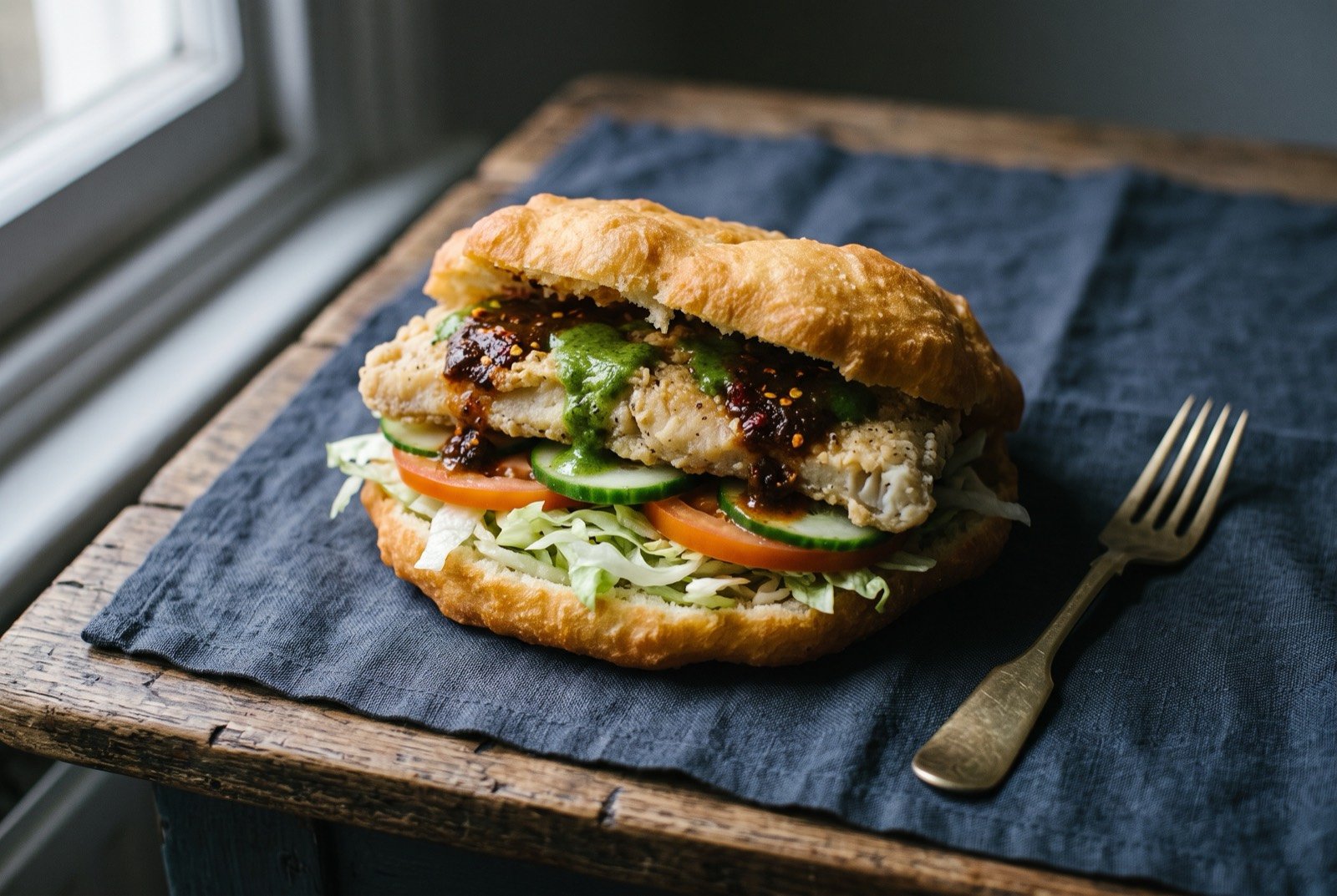 Bake and shark, fried fish in fried bread: a thick golden puffed fried bread split open and stuffed with a pale flaky piece of fried fish, shredded lettuce, sliced tomato and cucumber.