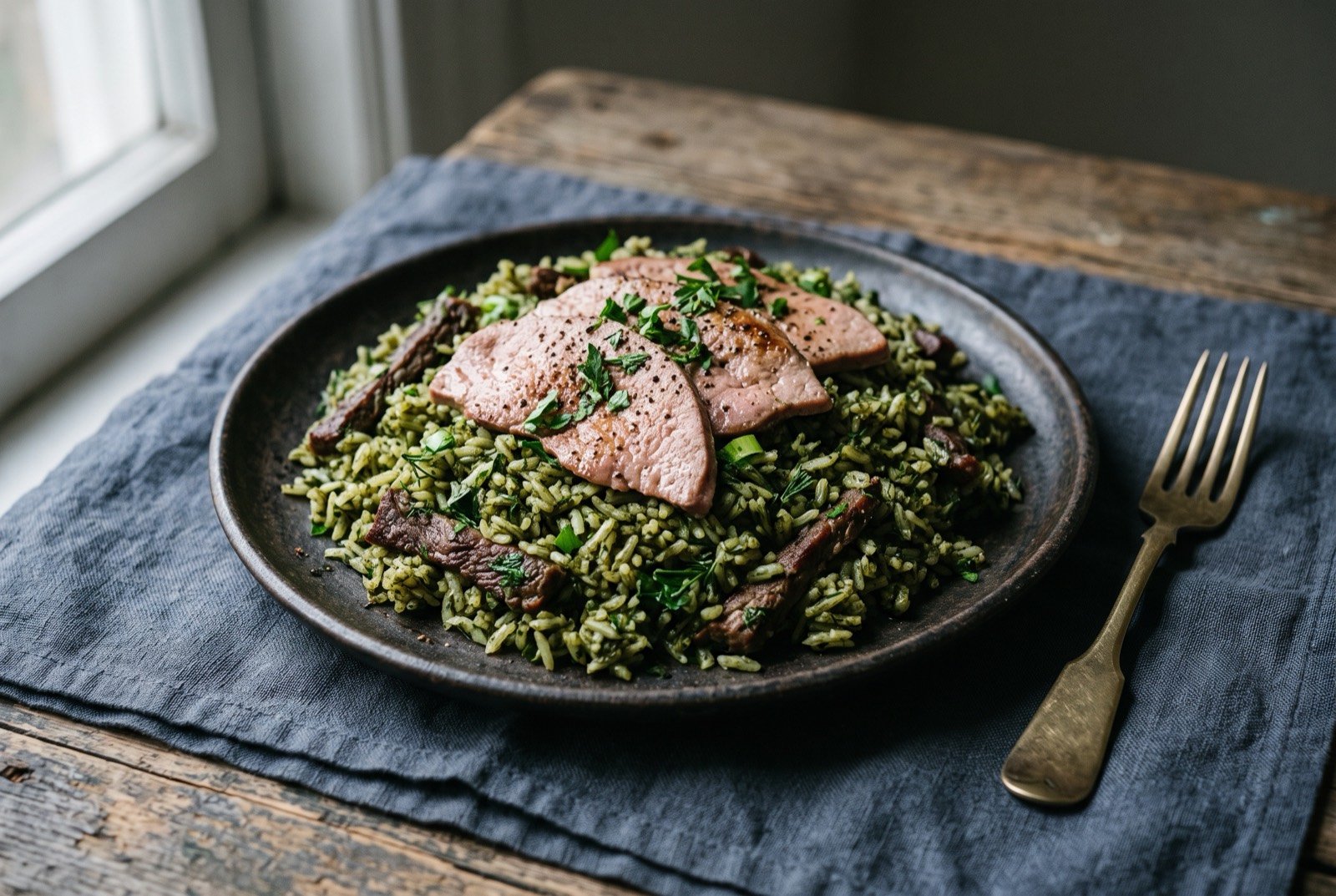 Bakhsh, Bukharan Jewish green plov with beef and beef liver: a mound of deep green herb flecked rice studded with dark strips of beef, thin pale pink slices of seared liver laid over the top.