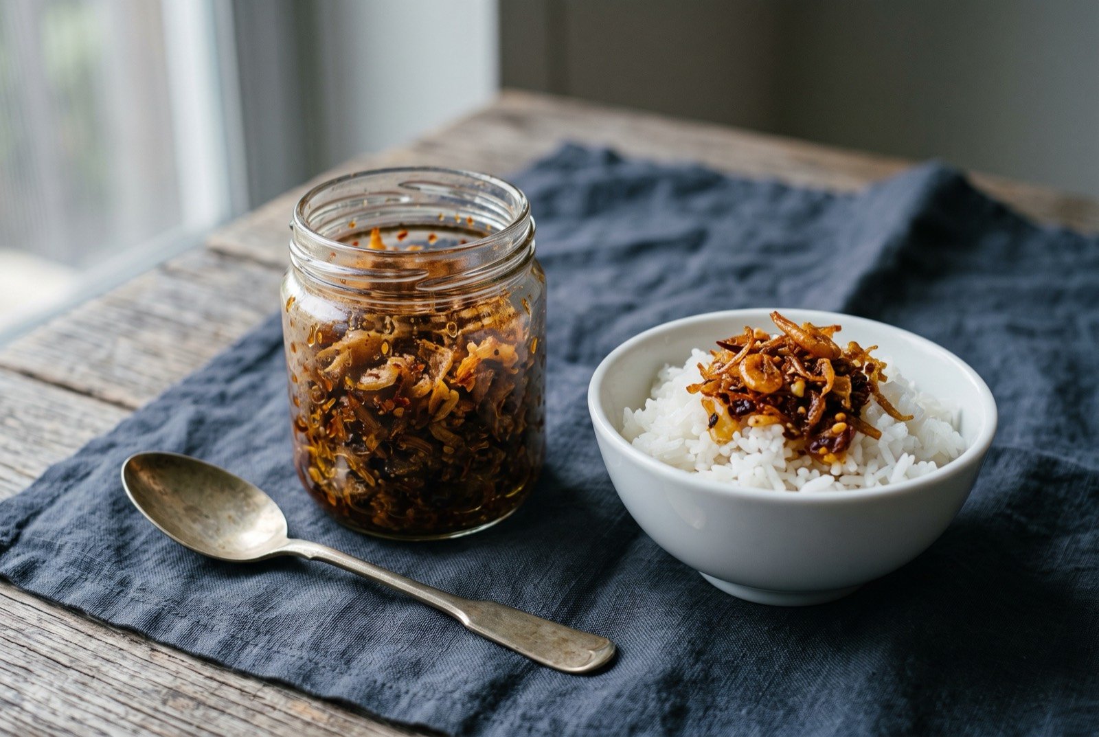 Balachaung, Myanmar's dry-fried shrimp and ngapi condiment, cooked until crisp for long keeping: a small glass jar of deep golden brown, coarsely textured fried shrimp and shallot condiment, glistening with oil, a spoonful of it heaped separately on a plain white bowl of steamed rice beside the jar.