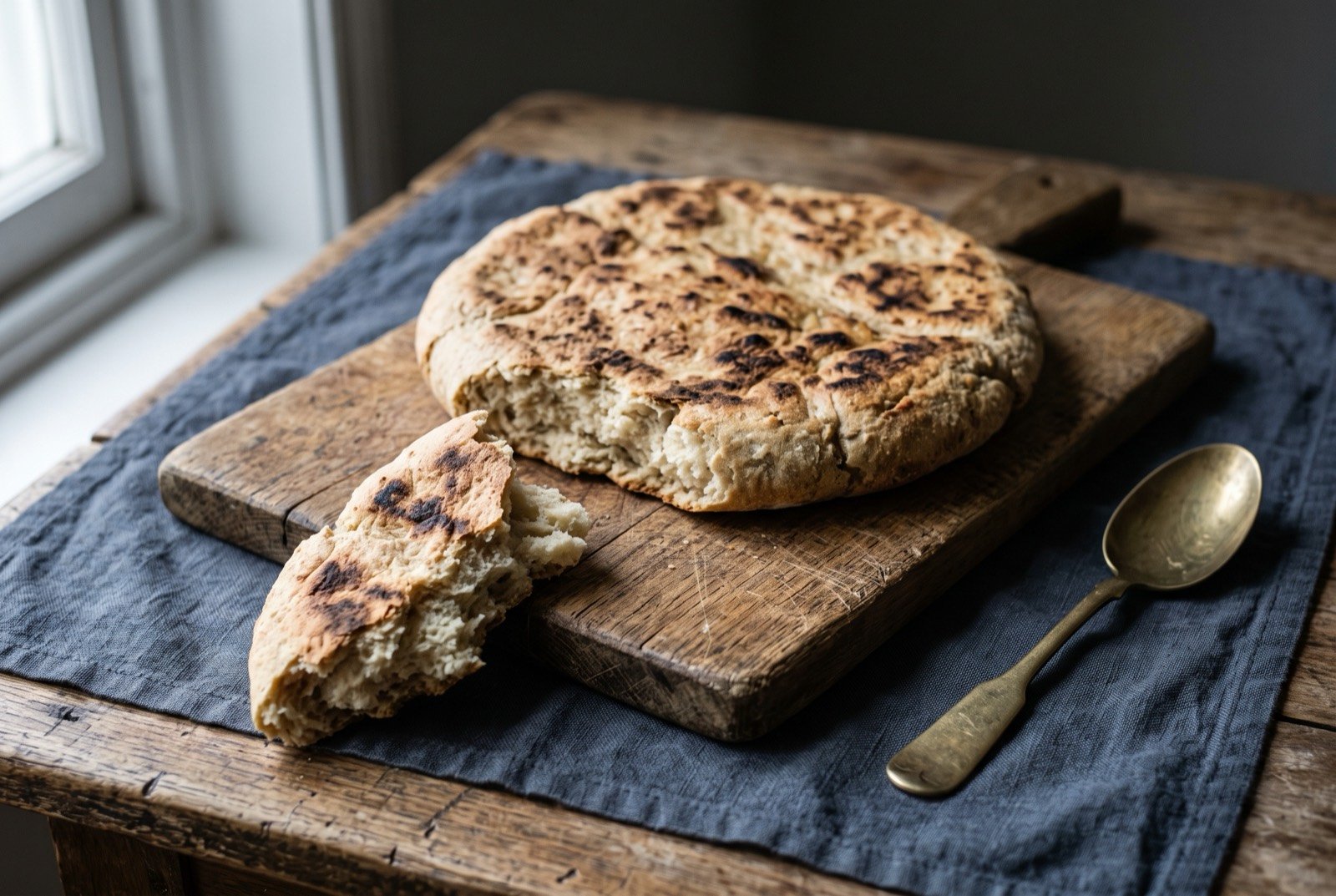 Balep korkun, central Tibet's unleavened flatbread: a round, pale golden flatbread with irregular dark scorch marks from a dry skillet, one torn open at the edge to show a soft dense crumb.
