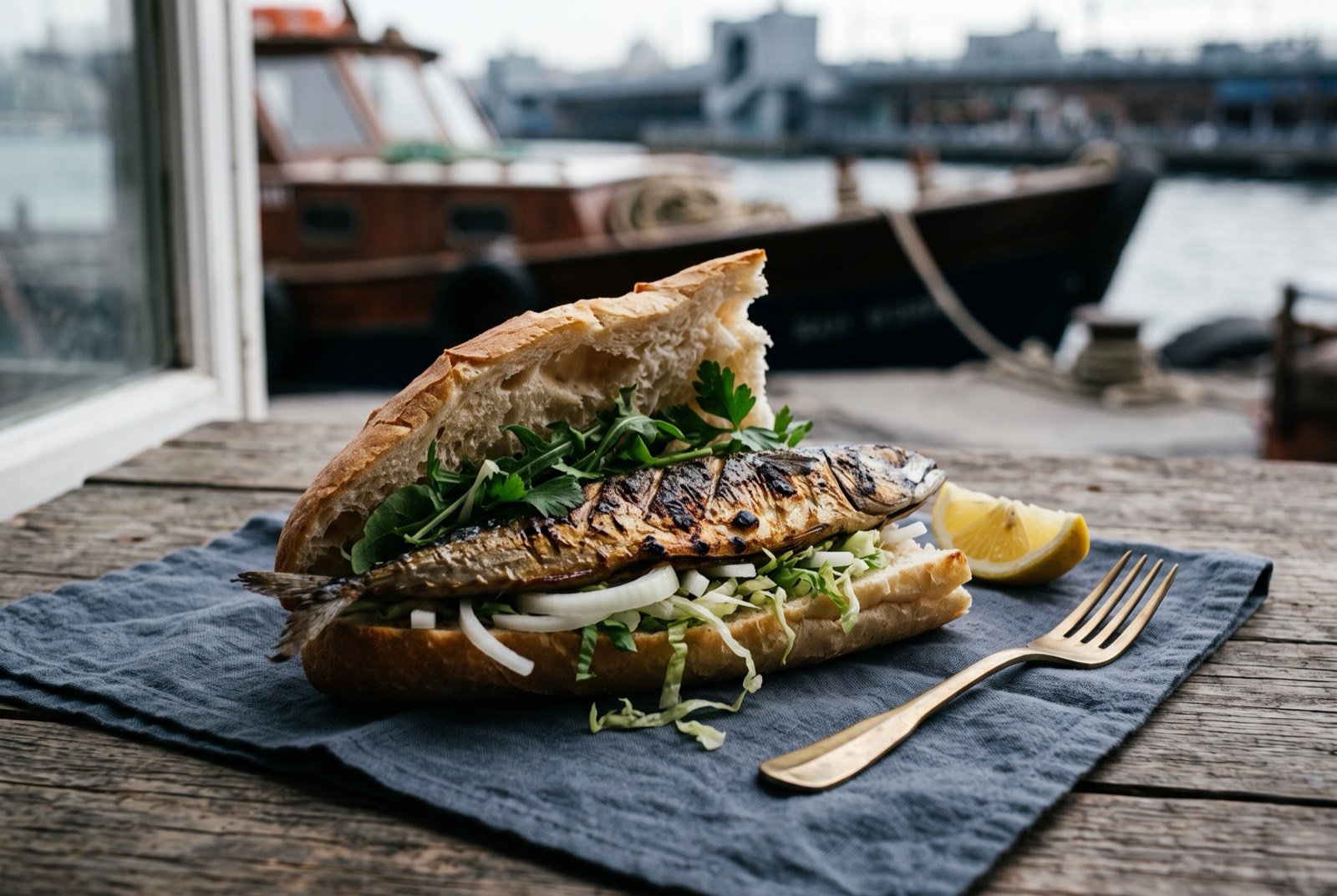 Balık ekmek, a grilled mackerel sandwich sold from Istanbul's quaysides: a torn wedge of crusty white bread packed with a whole grilled mackerel fillet, its skin darkly charred in places, a scatter of raw sliced white onion and a few salad leaves spilling from the edge.