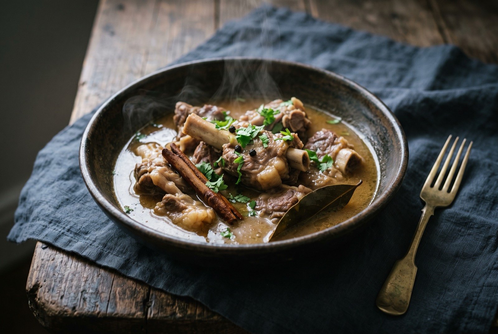 Balochi rosh, meat gently simmered in its own clear broth: large bone-in pieces of lamb sitting in a shallow pool of pale, clear, almost unseasoned broth, the meat falling-apart tender.