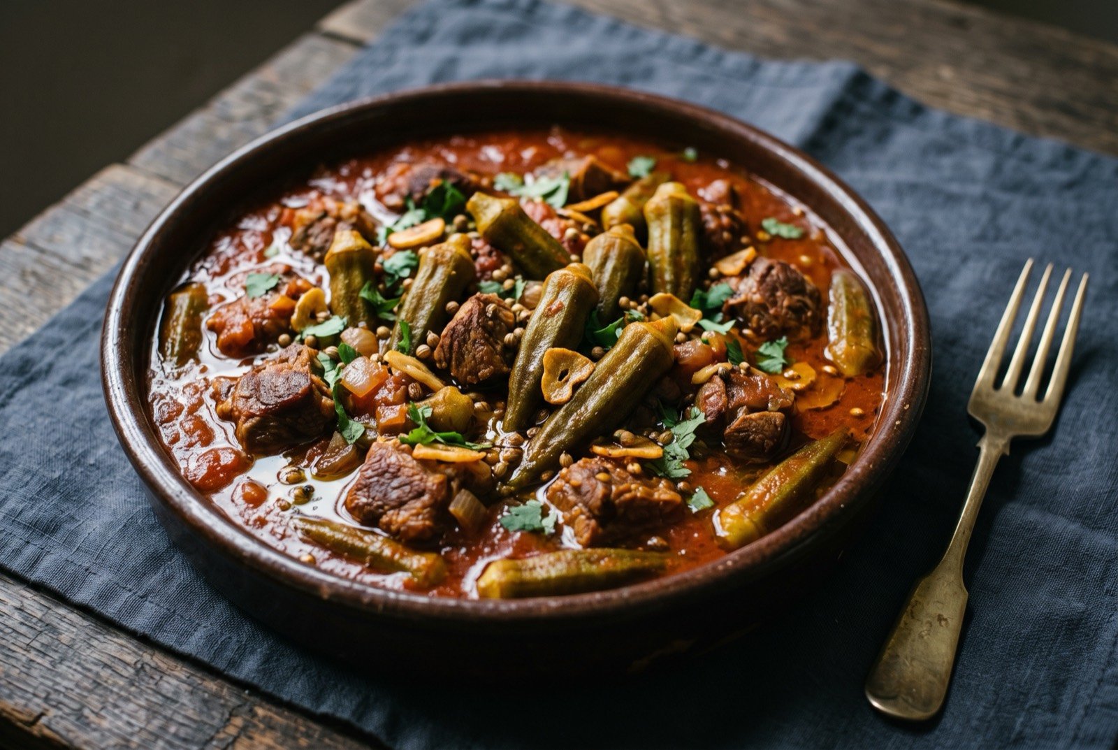 Bamia: Small whole okra pods, plump and blunt ended, standing upright in a thick brick red tomato sauce with chunks of browned stewed lamb between them. The surface is glossy with olive oil and scattered with golden garlic and coriander leaf.