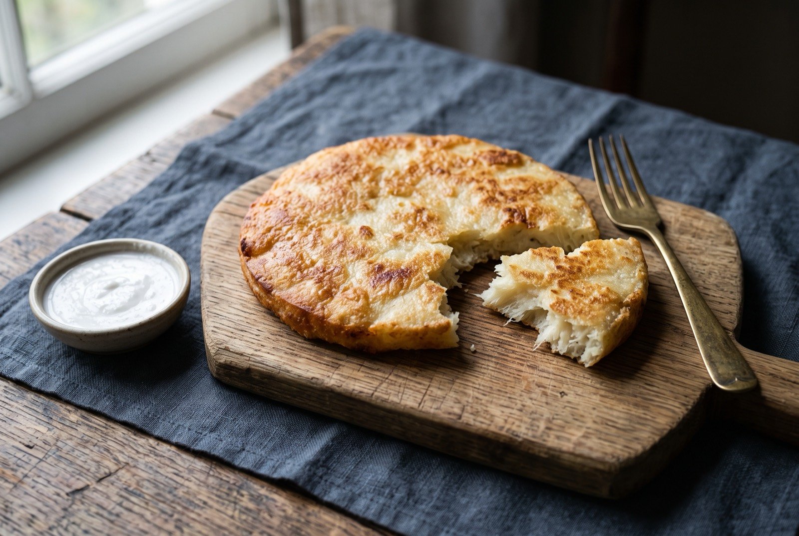Bammy, fried cassava flatbread: a round, golden brown flatbread with a lightly blistered crisp surface resting on a wooden board, one piece broken away to reveal a dense.