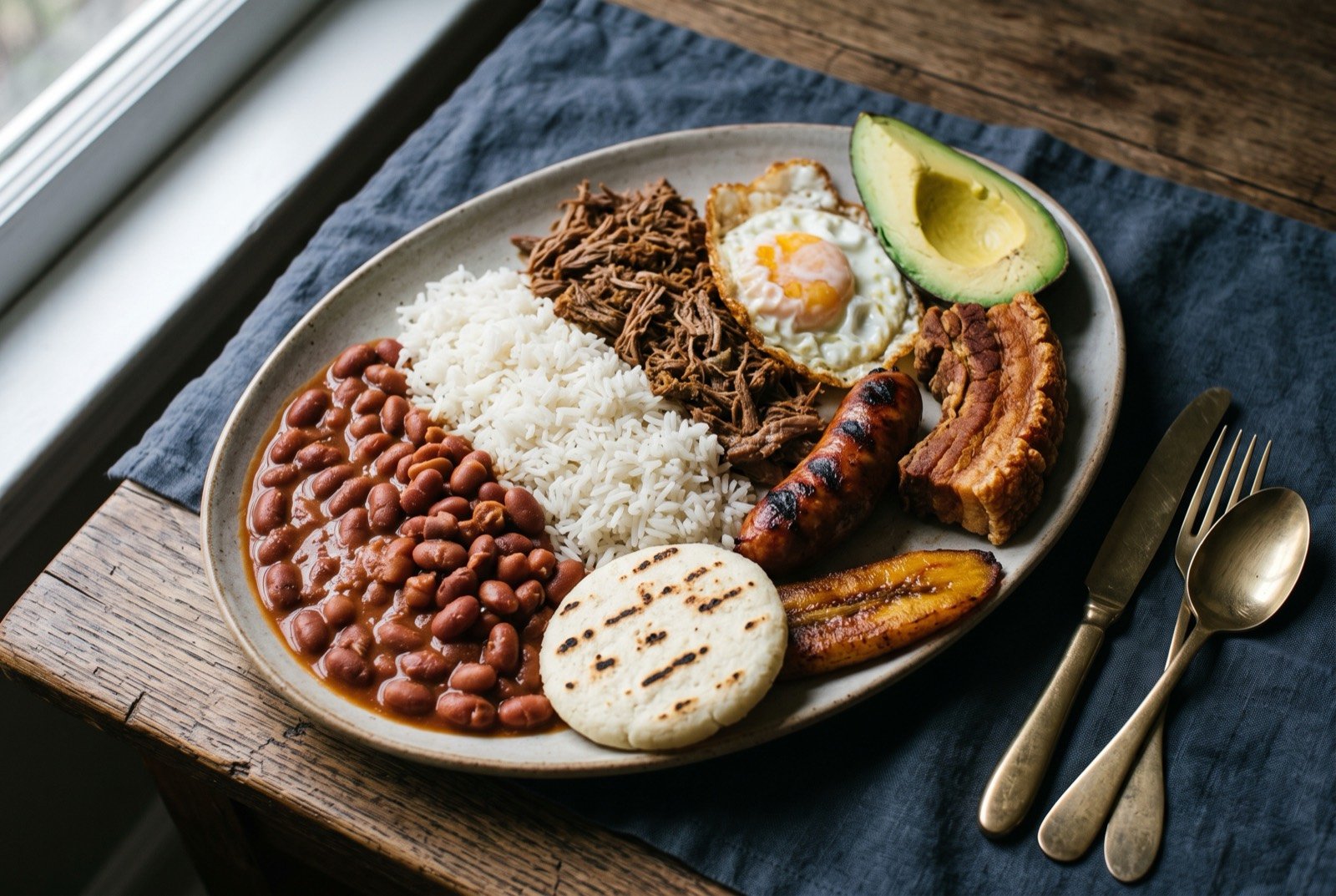 Bandeja paisa, a composed plate of beans, rice, pork and arepa: a large oval plate densely composed with a mound of red beans, white rice, shredded beef, a whole fried egg, a slab of golden crackled chicharrón.