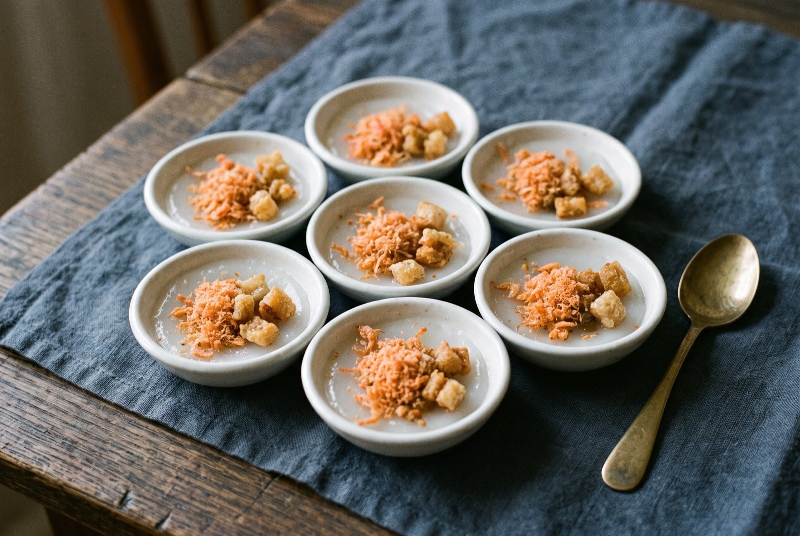 Bánh bèo, small individual steamed rice discs topped with dried shrimp floss: a cluster of small individual white ceramic dishes seen from above, each holding a thin translucent rice disc topped with a dusting of orange pink dried shrimp floss and a scattering of crisp golden pork skin.