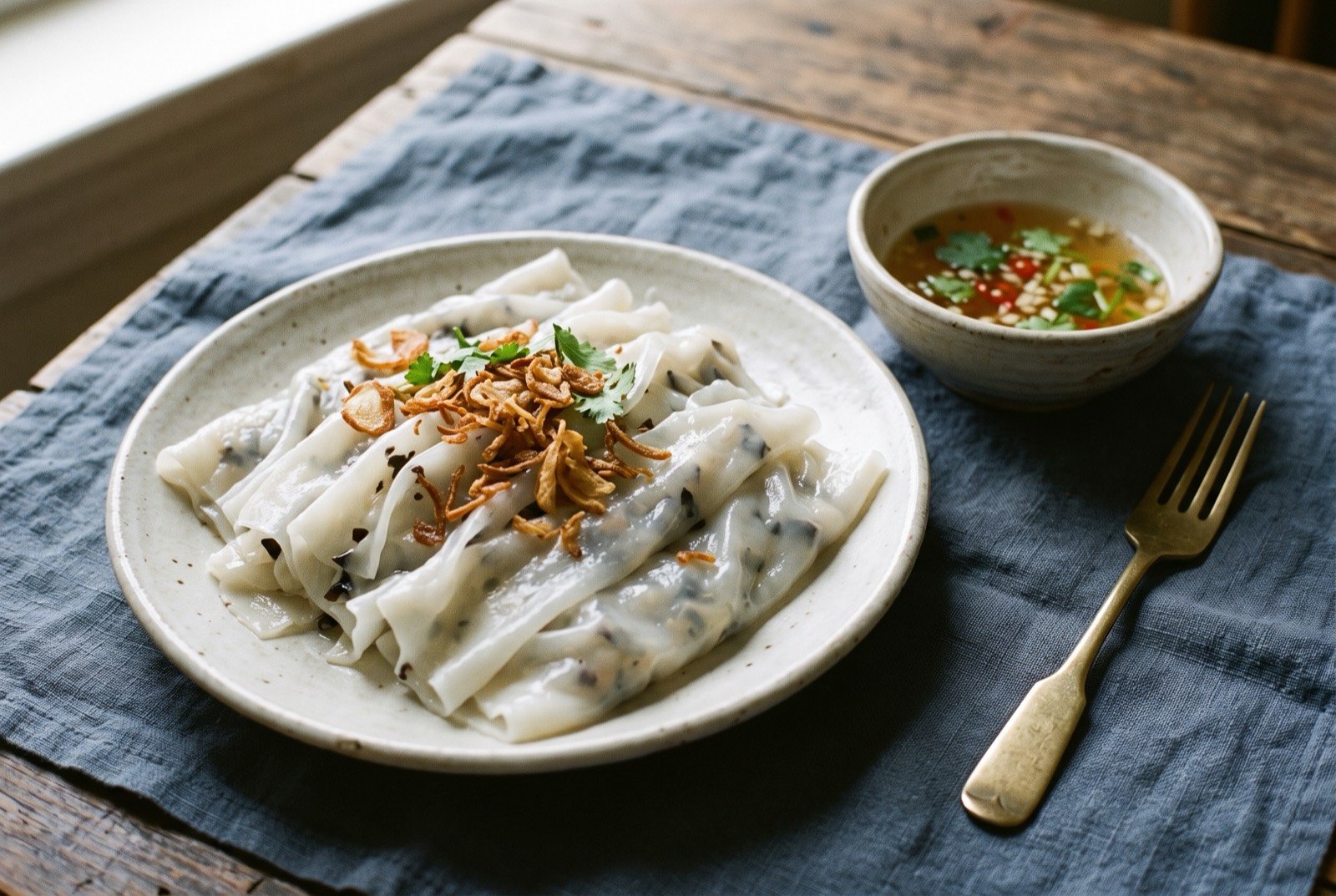 Bánh cuốn Thanh Trì, thin steamed rice sheets folded over a wood ear mushroom filling: translucent pale rice sheets folded into loose ribbons on a plate, faint dark flecks of wood ear fungus visible through the sheet.