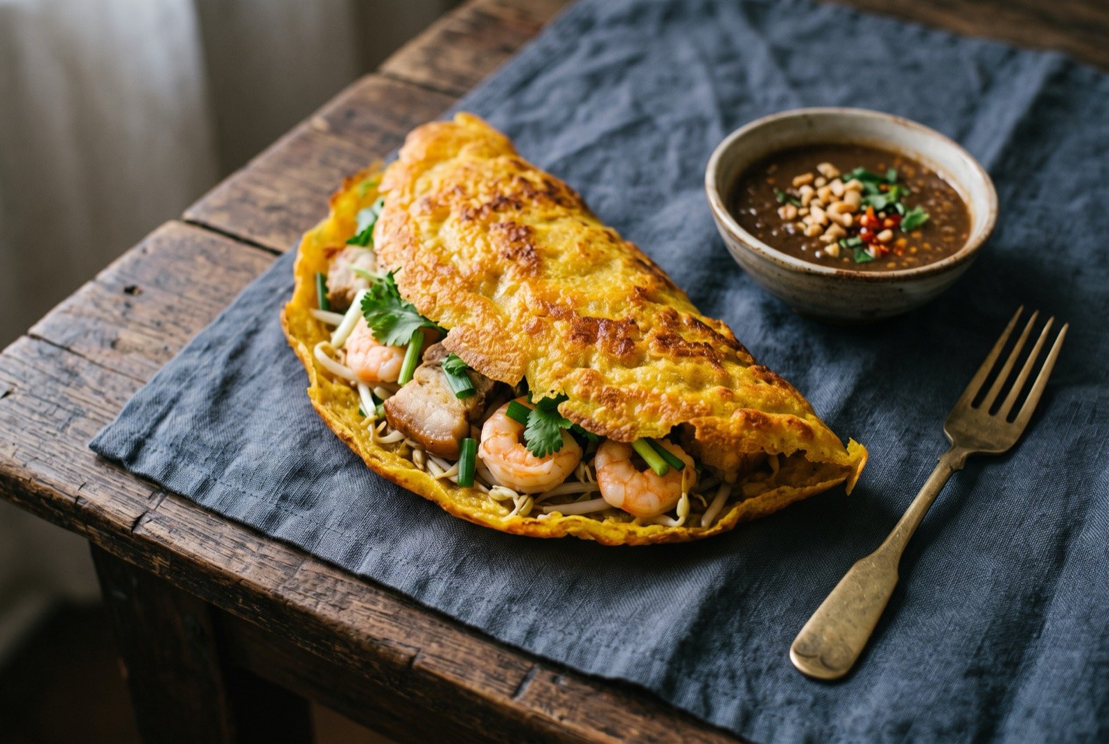 Bánh khoái, a thick crisp turmeric pancake folded over a pork and shrimp filling: a folded golden yellow pancake, its edge crisp and blistered, a little pork and shrimp filling visible at the torn opening.