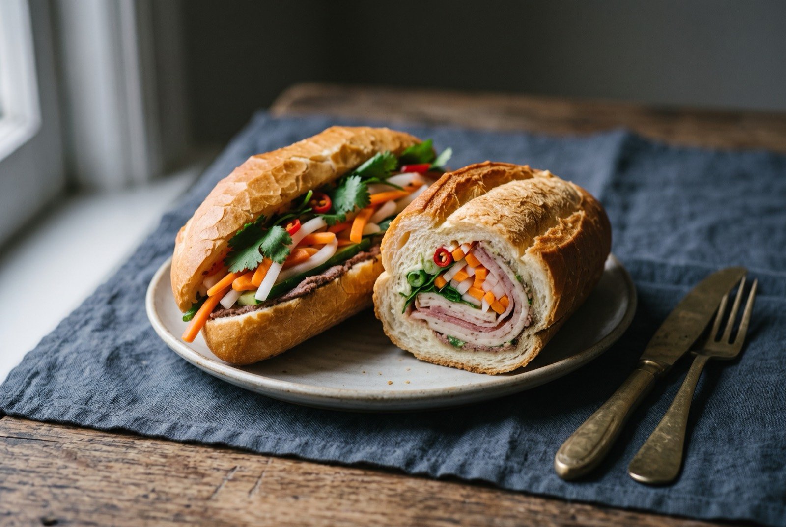 Banh mi, a split baguette filled with pate, cold cuts, pickled carrot and daikon: a split, crackle crusted baguette roll on a plain plate, packed tightly with pale pink cold cuts, a smear of dark pate, bright orange and white julienned pickled carrot and daikon spilling from the sides.