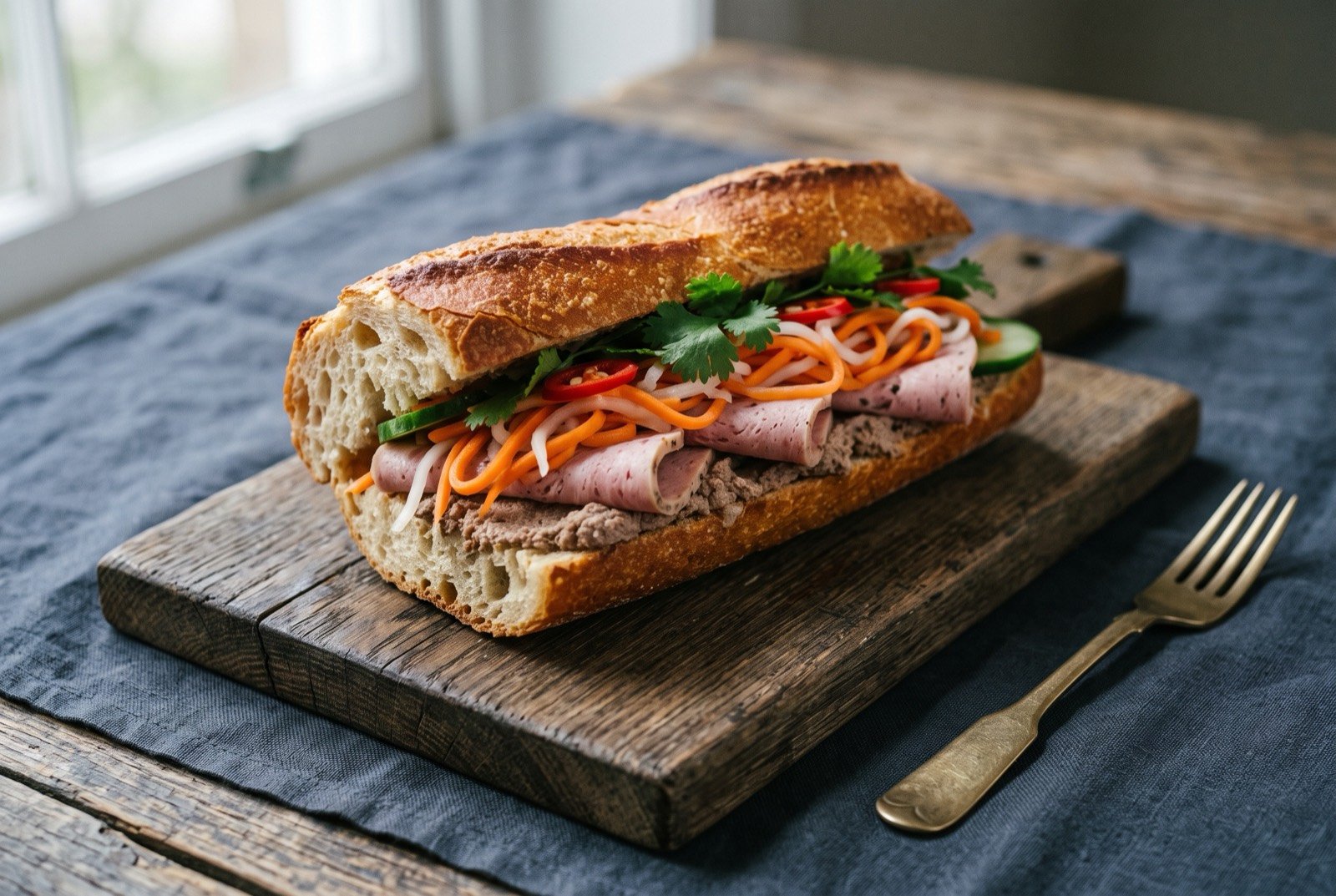 Bánh mì, a split baguette with a thin cracking crust filled with pâté, cold cuts and pickled carrot and daikon: a split baguette with a thin, deeply crackled golden crust and an airy open crumb, filled with a smear of pale pâté, folded slices of pink cold cuts.