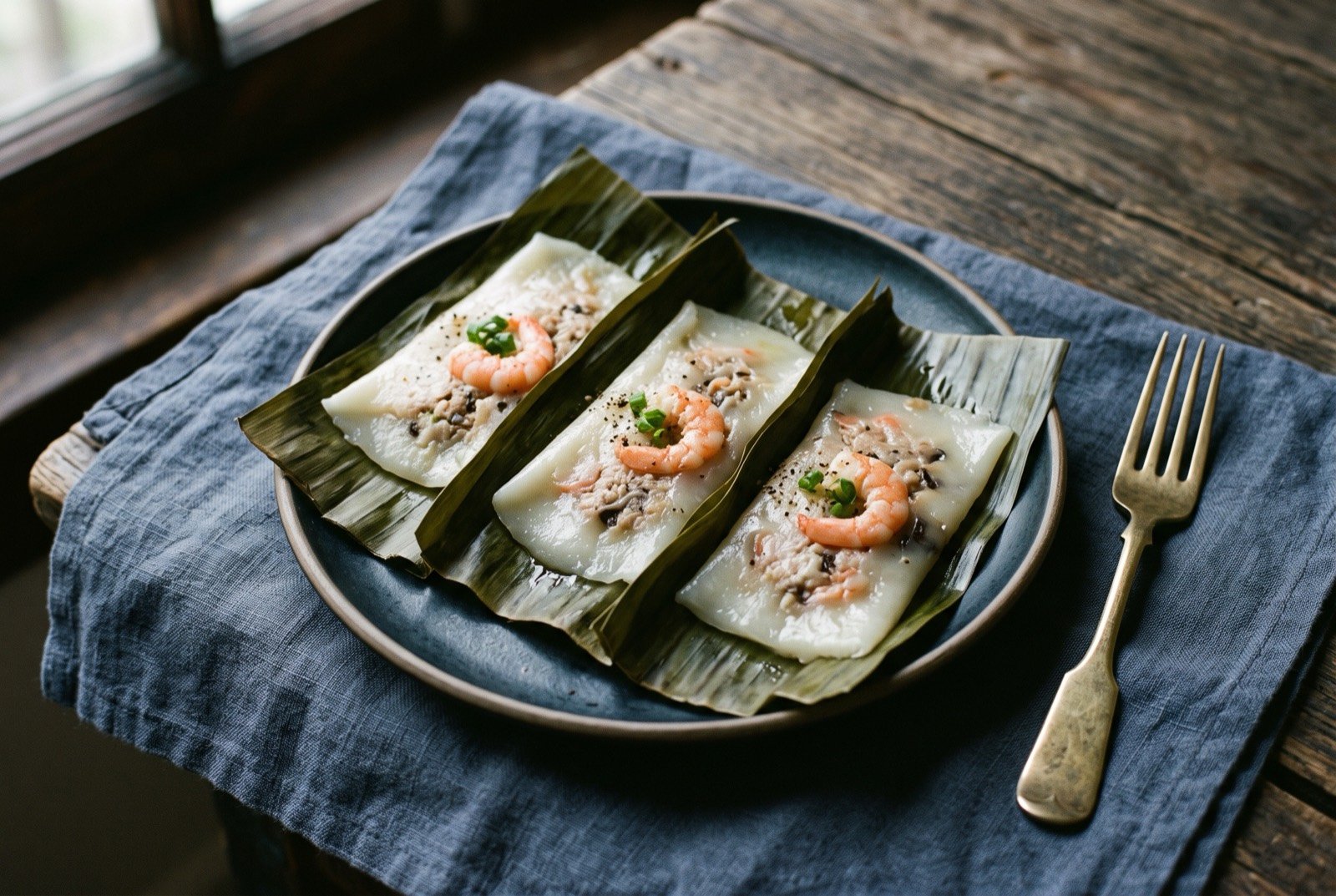 Bánh nậm, flat steamed rice cakes filled with shrimp and pork, wrapped in banana leaf: a few pale flat rice cakes partially unwrapped from their dark green banana leaf parcels, a small pink shrimp pressed into the surface of each.