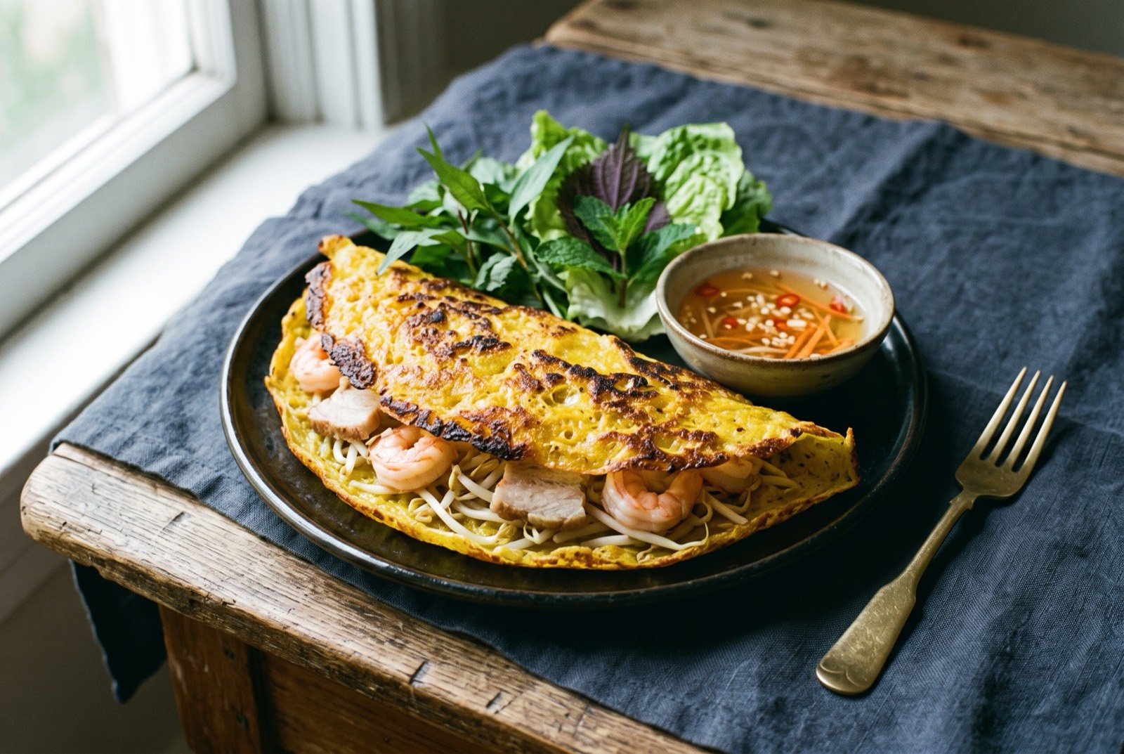 Bánh xèo miền Nam, a large crisp turmeric rice pancake folded over pork, shrimp and bean sprouts: a large golden yellow rice pancake, its edges shatteringly crisp and lightly blistered, folded in half over a visible filling of pink shrimp.