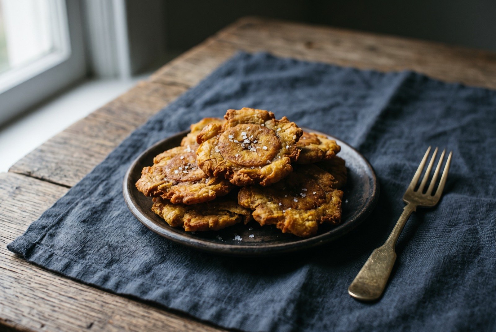 Bannann peze, twice fried flattened green plantain: a small plate of flattened, deep golden fried plantain discs, craggy and crisp edged, stacked loosely, a light dusting of coarse salt visible.