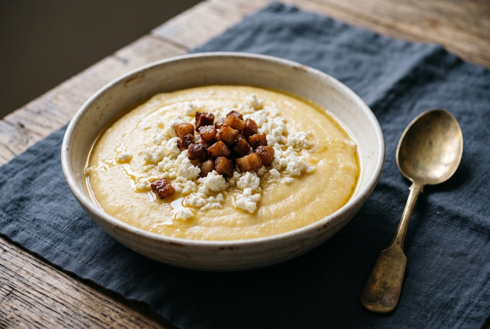 Banosh, a smooth Hutsul cornmeal porridge cooked in soured cream, topped with crumbled brynza cheese and crisp fried salo: a shallow bowl of pale golden yellow, smooth, glossy porridge, its surface slightly domed, topped with an uneven scatter of crumbled white sheep's cheese and small dark golden brown crisp-fried cubes of pork fat.