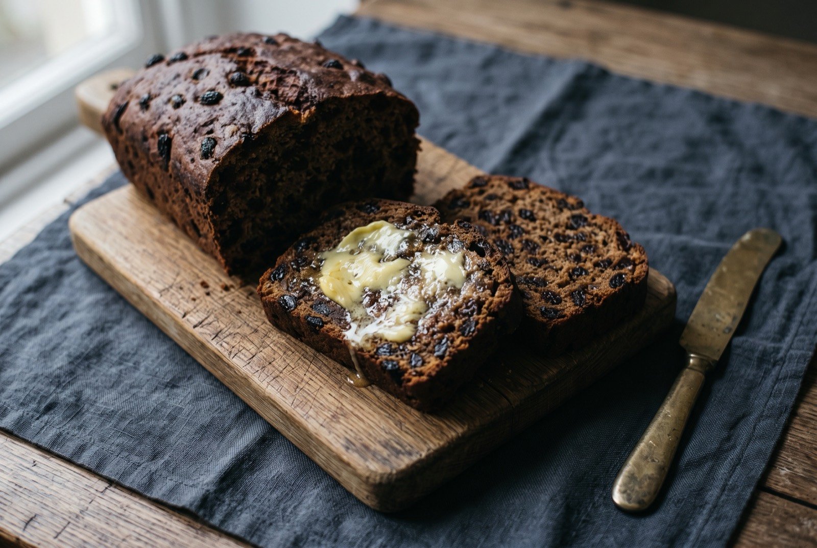 Bara brith, tea soaked fruit loaf: thick slices of a dark, dense fruit loaf studded with plump dried fruit, cut from a whole loaf resting on a wooden board.
