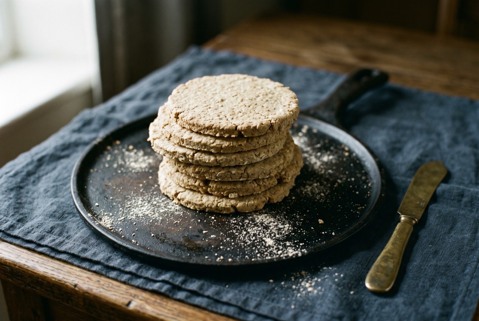 Bara ceirch, Welsh oatcakes from the bakestone: several thin, pale golden round oatcakes stacked unevenly on a dark iron bakestone, their surfaces faintly speckled and cracked at the edges.