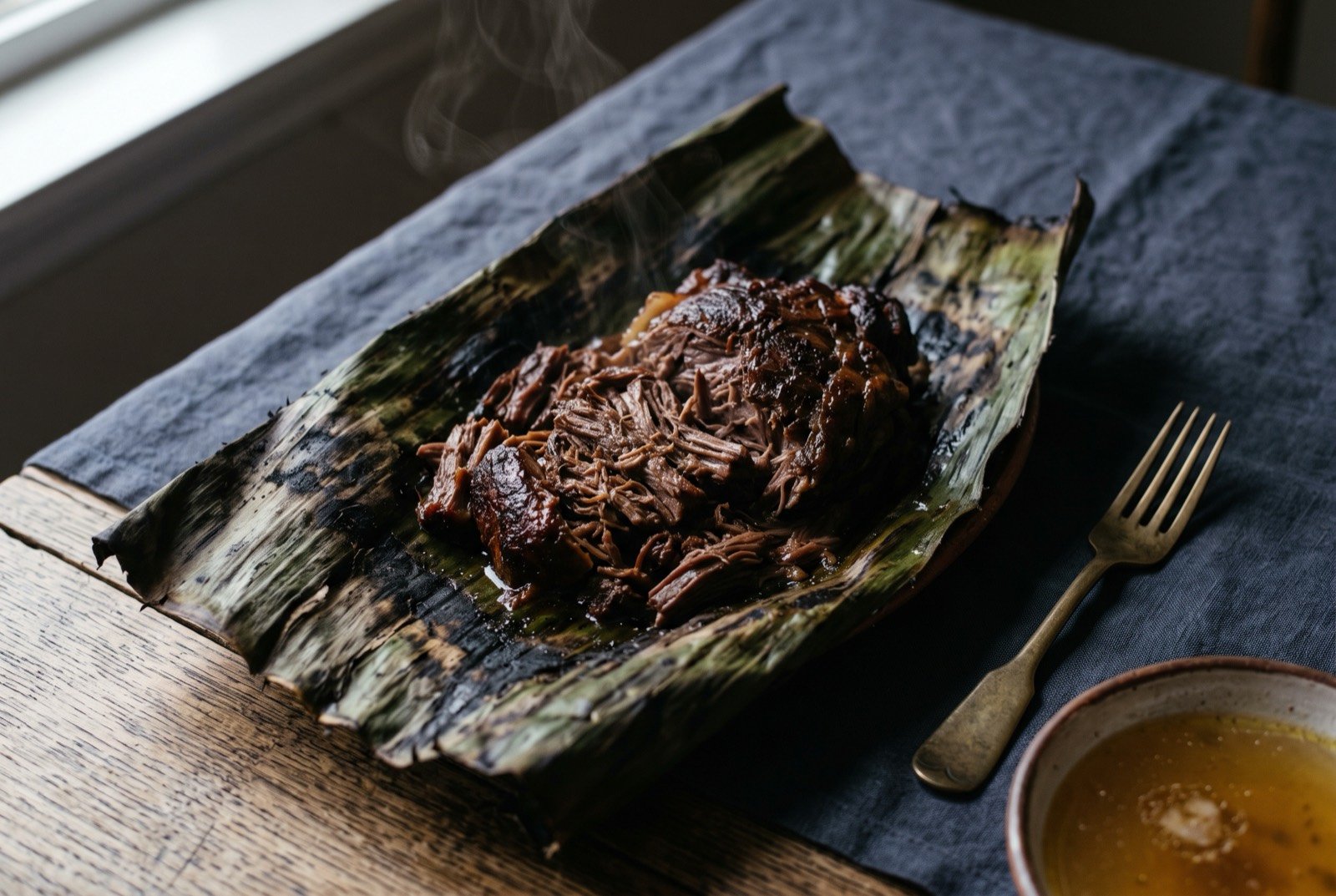 Barbacoa de borrego, pit roasted lamb wrapped in maguey leaf: a portion of very tender, dark roasted lamb shoulder resting on a partially unwrapped, char streaked maguey leaf, faint wisps of steam rising.