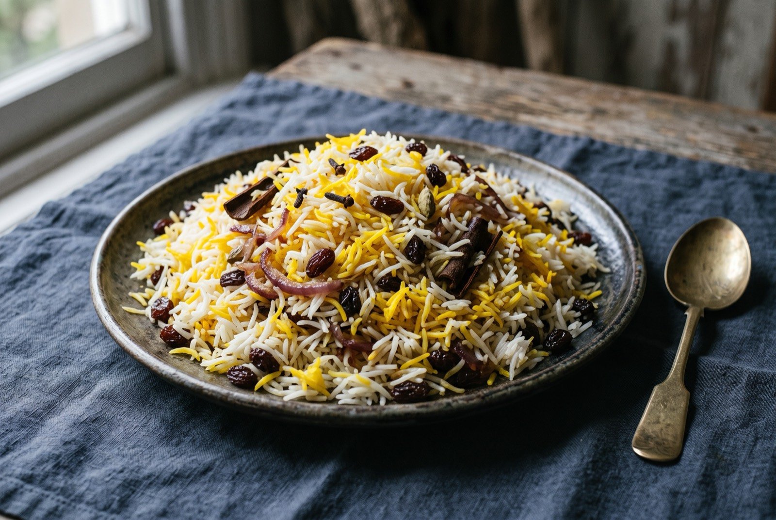 Bariis iskukaris: Long separate basmati grains, streaked rather than evenly coloured, saffron yellow forked through white, with dark raisins.