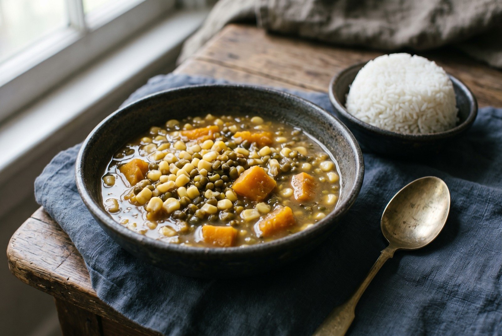 Batar da'an, Timor-Leste's stew of corn, pumpkin and mung bean: a rustic stew of pale corn kernels, soft orange pumpkin cubes and small green mung beans in a thick, glossy broth, served in a dark bowl beside a small mound of plain white rice.