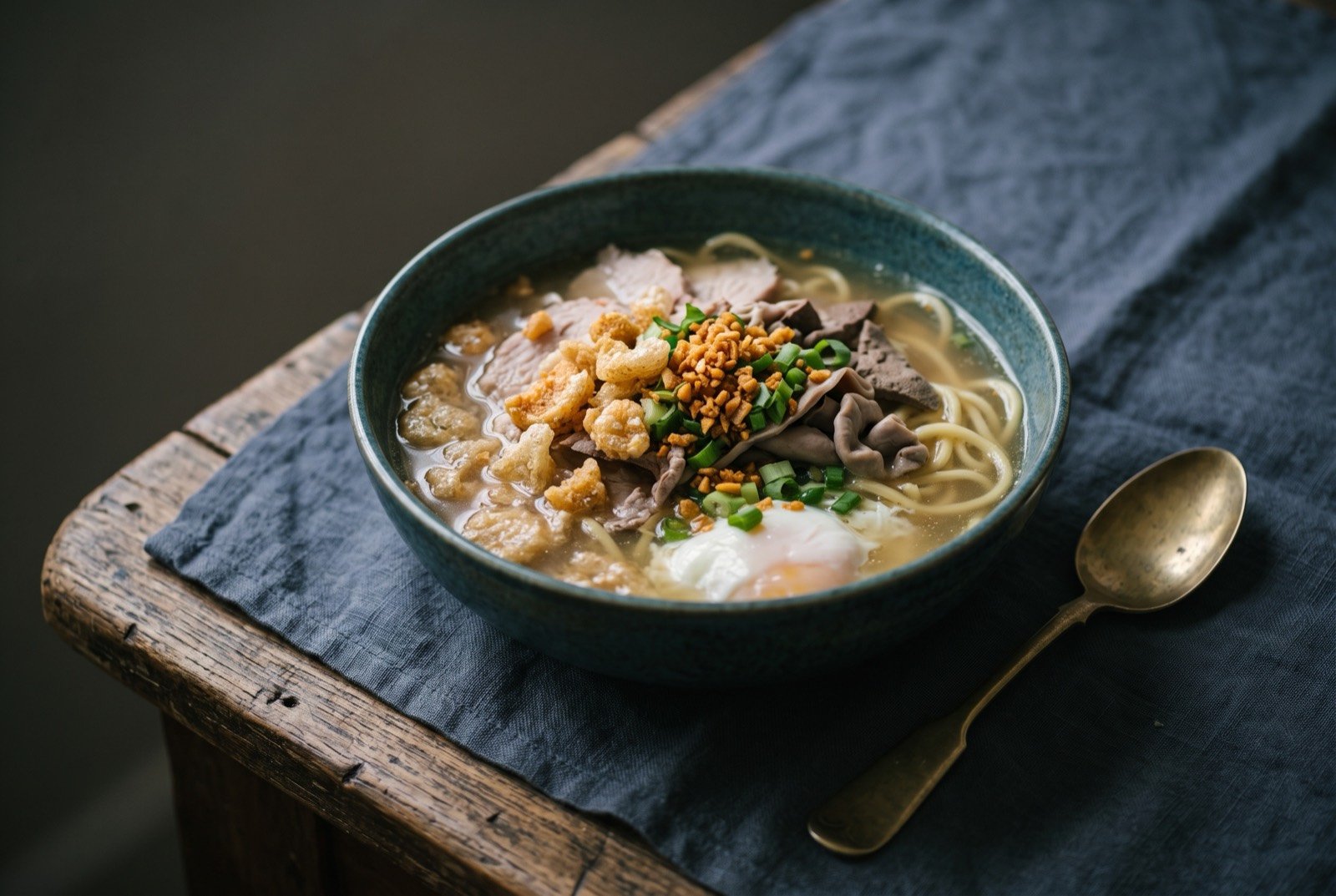 Batchoy, pork and beef noodle soup with crushed chicharon and a soft egg: a deep bowl of pale golden brown broth over a tangle of miki egg noodles, topped with sliced pork and offal, a generous scatter of crushed golden chicharon and fried garlic.