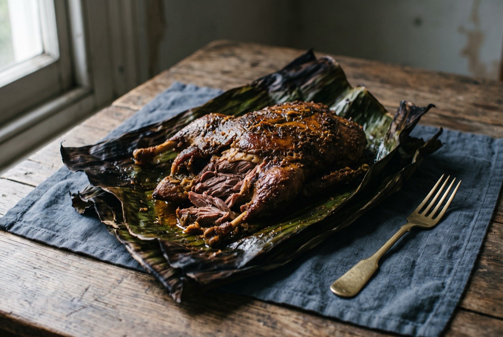 Bebek betutu, duck slow-cooked in banana leaf: a whole roasted duck unwrapped from a scorched banana leaf parcel, its dark spice-rubbed skin glistening, the leaf peeled back at one side to reveal tender collapsed meat beneath.